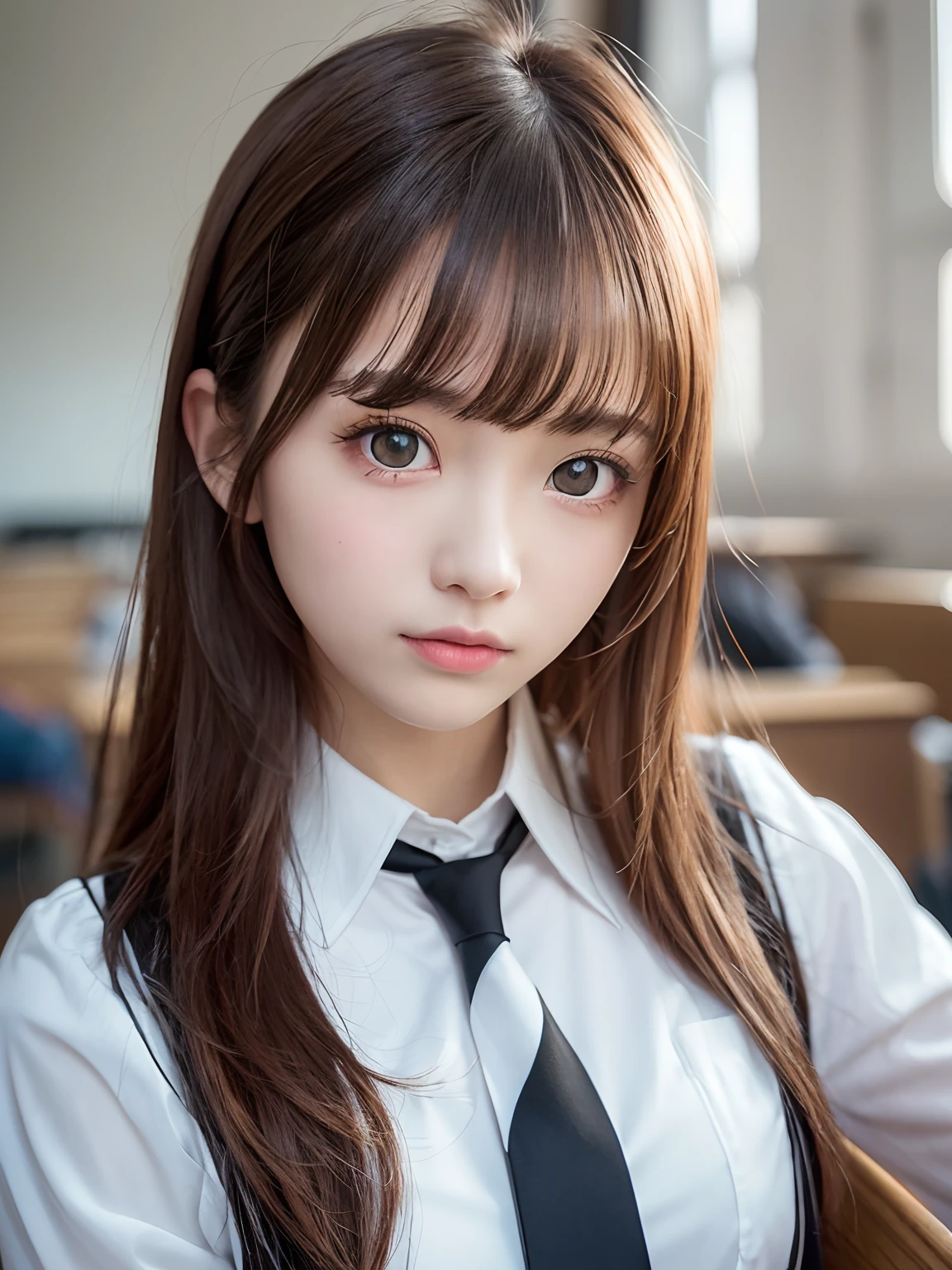 tmasterpiece，top-quality，offcial art，Highly detailed CG Unity 8K wallpapers，High school female student，very delicate beautiful，超A high resolution，（realisticlying：1.4），Golden hour lighting，（full bodyesbian），in class room，（Platinum shorthair：0.8），（pretty eyes），looking at viewert，facingfront，ssmile，JK skirt，small busts，high school school uniforms，Shirt boosts long black hair，（jiayi：1.5）， closeup cleavage， tmasterpiece， best qualtiy， RAW photogr， realisticlying， the face， Incredibly Ridiculous res， depth of fields， A high resolution， ultra - detailed， finedetail， The is very detailed， Extremely detailed eyes and face， Sharp pupils， realistic pupil， tack sharp focus， cinmatic lighting