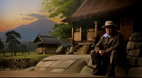 There was a man sitting on a rock in front of the hut, Wise old man, old asian village, An old man, matte painting portrait shot...
