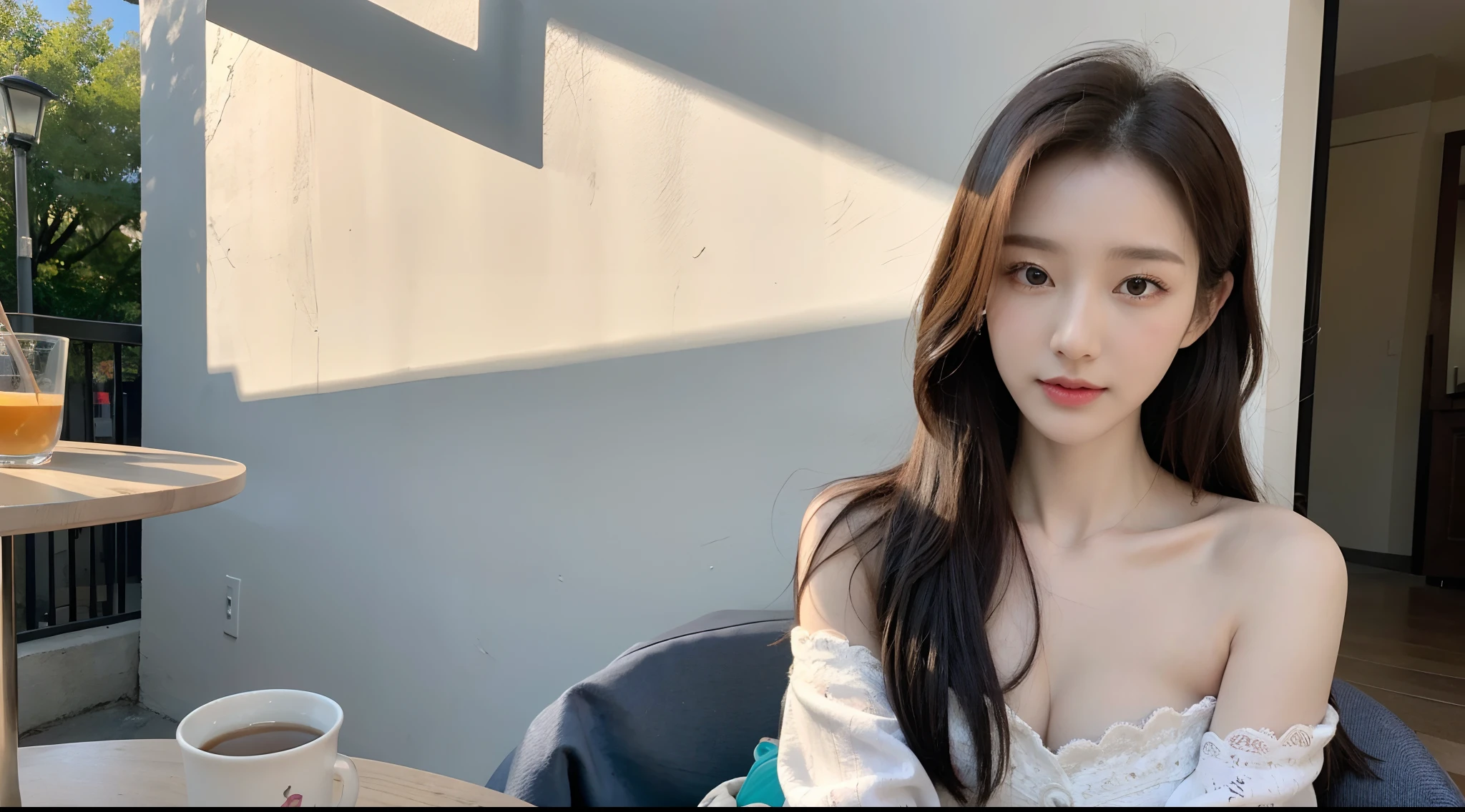 (High-resolution 8K raw photos are realistic,best qualtiy)，Fashion trendy beautiful and charming woman，gentle and charming Chinese beautiful woman，Korea,Kpop idol，delicate and sexy collarbones，charming oval face，double eyelid，Ingenious[peaches]flower eyes，redish pink lips，small-nose，exposed bare shoulders，focus at face，closeup of face，Hyper-detailing，Blue off-the-shoulder long-sleeved top，White hip wrapped skirt，Light red hair，(cleavage，A half body，Close-up)，Lace，lacing，head gear， Fresh and impressive， natural color，(pedestrian street，cbd,rays of sunshine，outside，Stone table，LV shoulder bag for women，cellular phone)，Front light