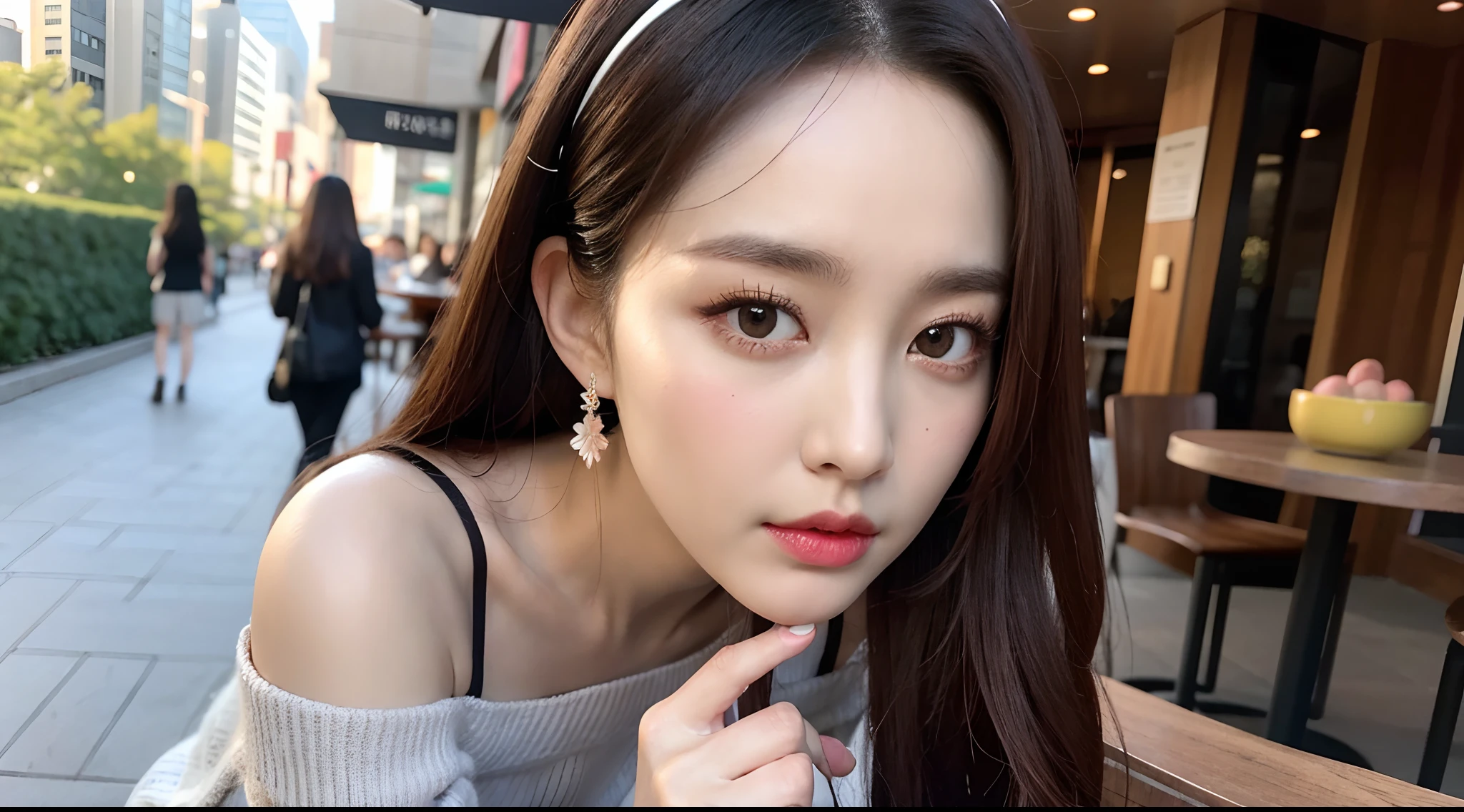 (High-resolution 8K raw photos are realistic,best qualtiy)，Fashion trendy beautiful and charming woman，gentle and charming Chinese beautiful woman，Korea,Kpop idol，delicate and sexy collarbones，charming oval face，二重まぶた，Ingenious[peaches]flower eyes，redish pink lips，small-nose，exposed bare shoulders，focus at face，closeup of face，Hyper-detailing，Blue off-the-shoulder long-sleeved top，White hip wrapped skirt，Light red hair，(cleavage，A half body，Close-up)，Lace，lacing，head gear， Fresh and impressive， natural color，(pedestrian street，cbd,rays of sunshine，outside，Stone table，LV shoulder bag for women，cellular phone)，Front light