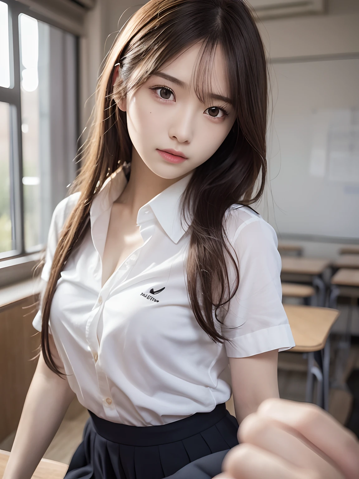 tmasterpiece，top-quality，offcial art，Highly detailed CG Unity 8K wallpapers，High school female student，very delicate beautiful，超A high resolution，（realisticlying：1.4），Golden hour lighting，（full bodyesbian），in class room，（Platinum shorthair：0.8），（pretty eyes），looking at viewert，facingfront，ssmile，JK skirt，small busts，high school school uniforms，Shirt boosts long black hair，（jiayi：1.5）， closeup cleavage， tmasterpiece， best qualtiy， RAW photogr， realisticlying， the face， Incredibly Ridiculous res， depth of fields， A high resolution， ultra - detailed， finedetail， The is very detailed， Extremely detailed eyes and face， Sharp pupils， realistic pupil， tack sharp focus， cinmatic lighting