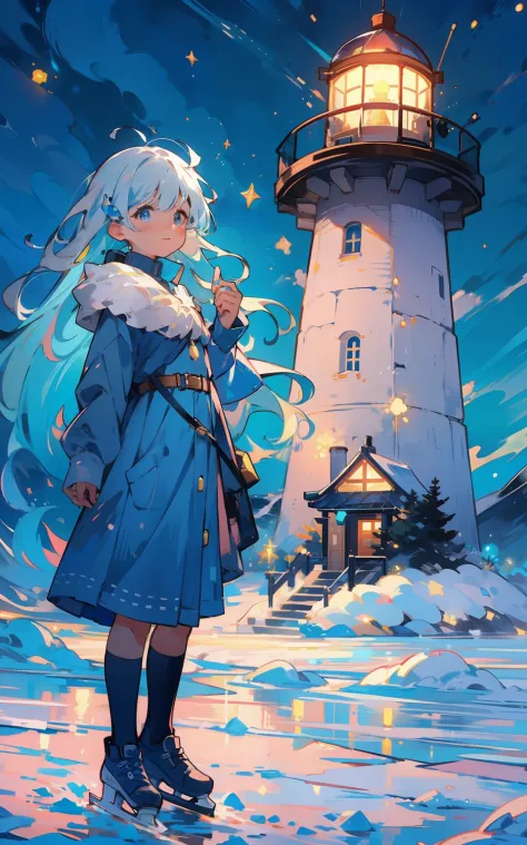 8. The character：Polaris stands next to the lighthouse，Admire the magnificent Northern Lights。 appearance：Light blue shoulder-le...