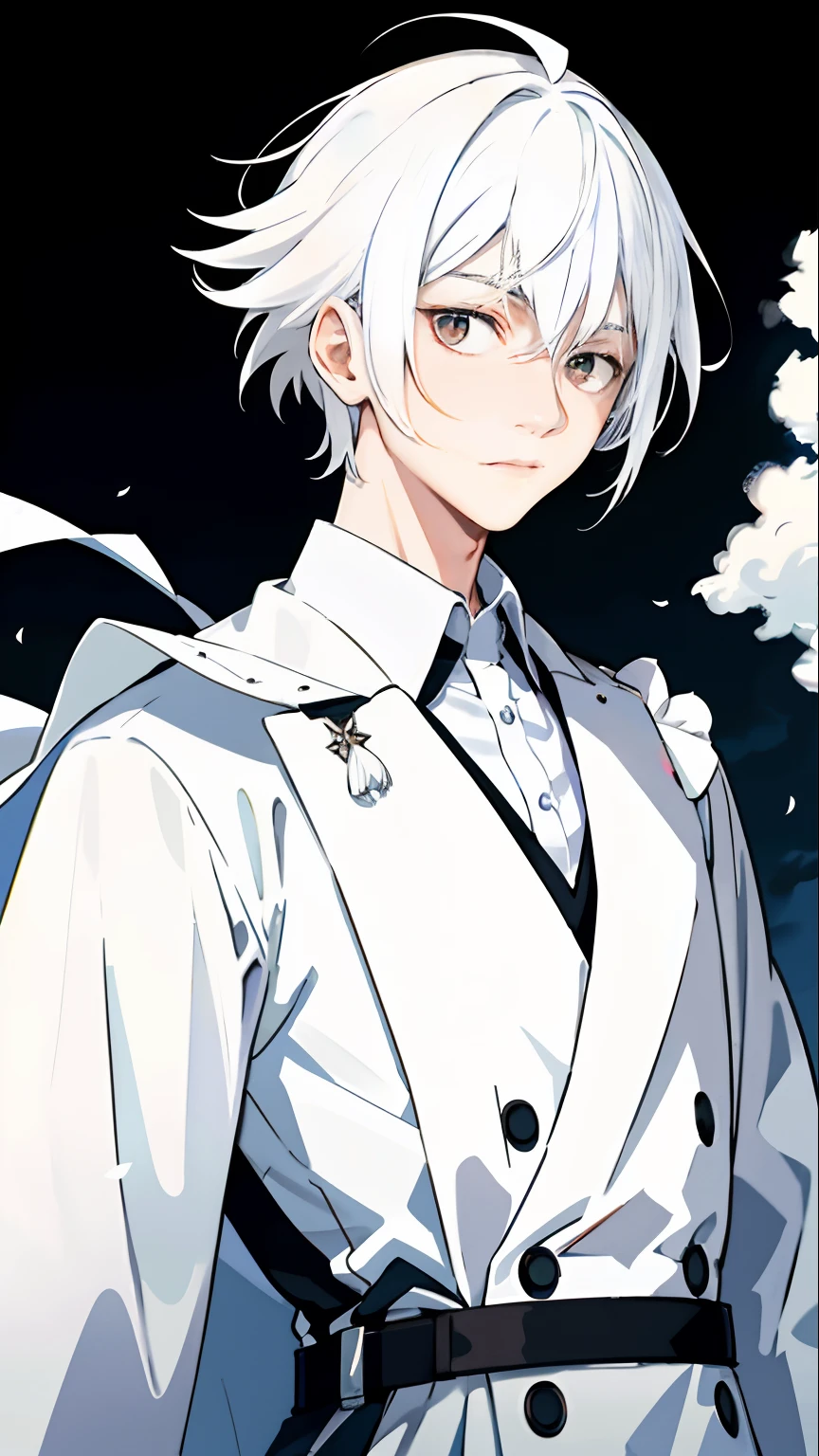 The boy with white hair，Hair fluttering in the wind，beautiful shot，serius face，rim-light，long white robe，Black colored eyes，Look ahead