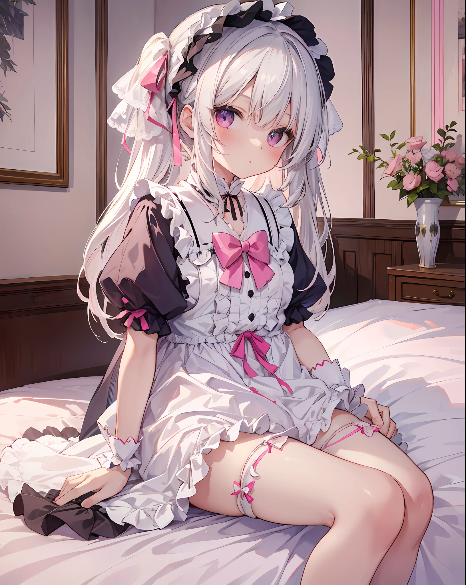 A cute white-haired ，Dressed in Lolita and white silk，Sitting on the bedside，Pink panties can be seen