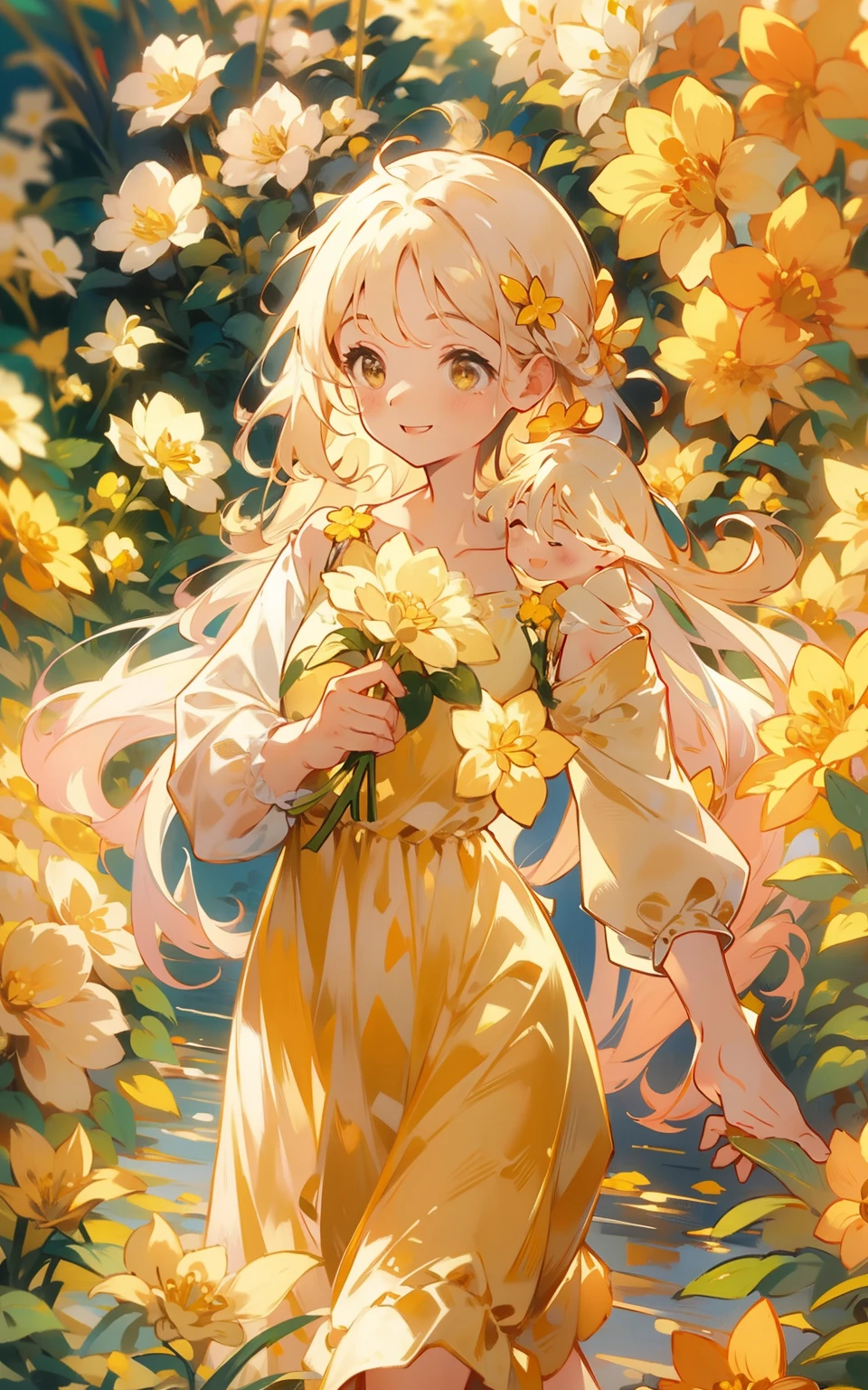 Un mar de flores doradas：Una chica encantadora con un vestido dorado.，Camina entre las flores doradas，Su sonrisa se llenó de ternura y alegría.