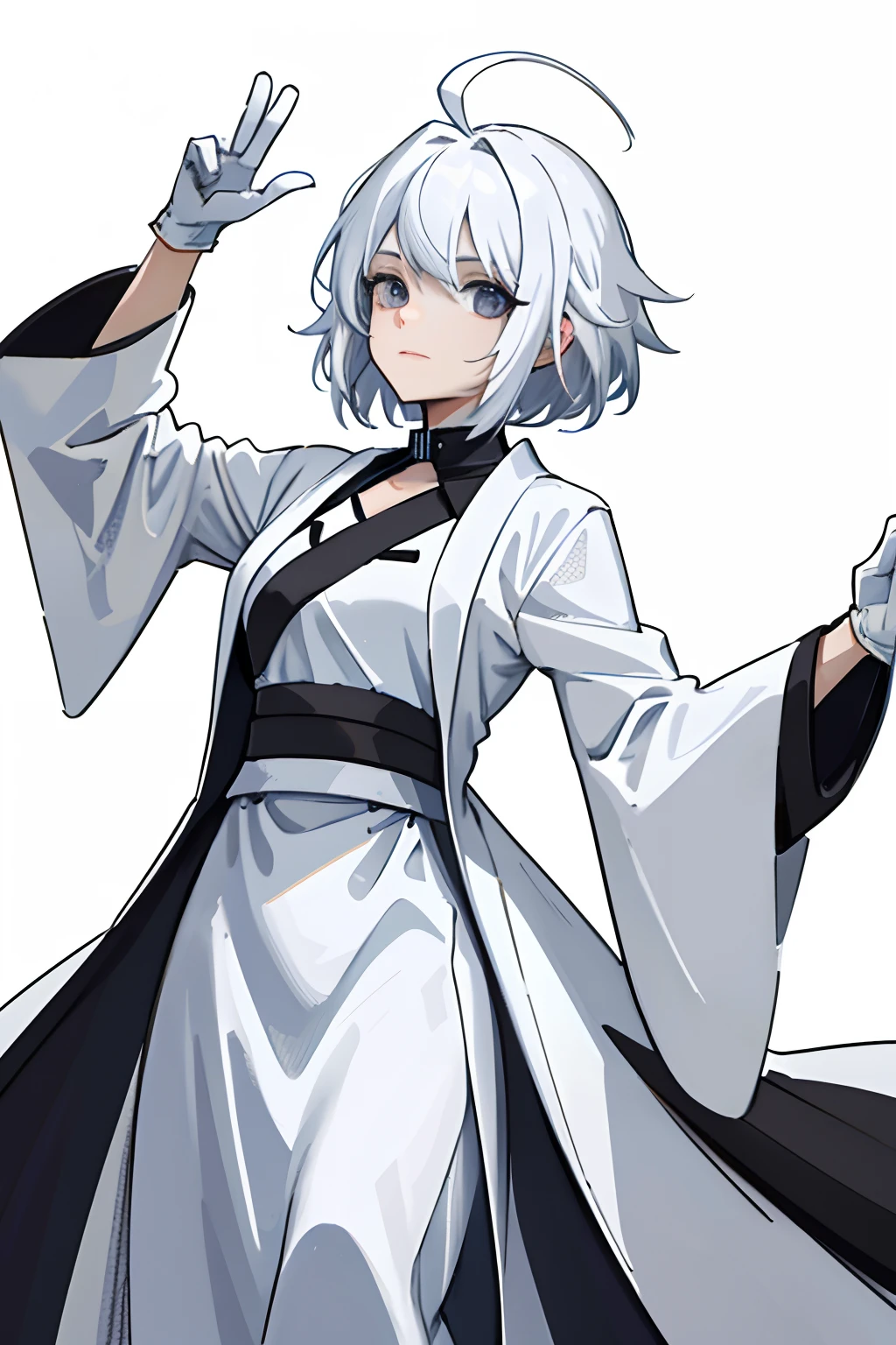 ((Masterpiece, Best quality)), (1girll), (Solo), (female focus), (ahoge, White hair, Short hair), Black eyes, ((long white robe)) standing, White background, arms back behind，Five normal fingers，With white gloves