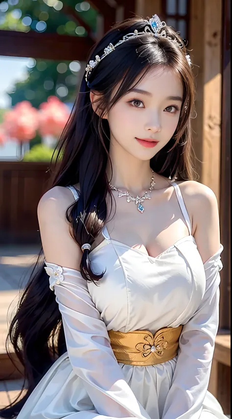 a big breast chinese girl, Cute face, cheerfulness, Long hair, Impressive hairstyle, wearing tiara，A pair of bright and reverent eyes，The eyebrows are slender and elegant，The slightly curved eyebrow shape exudes confidence and charm。Her nose is small and t...