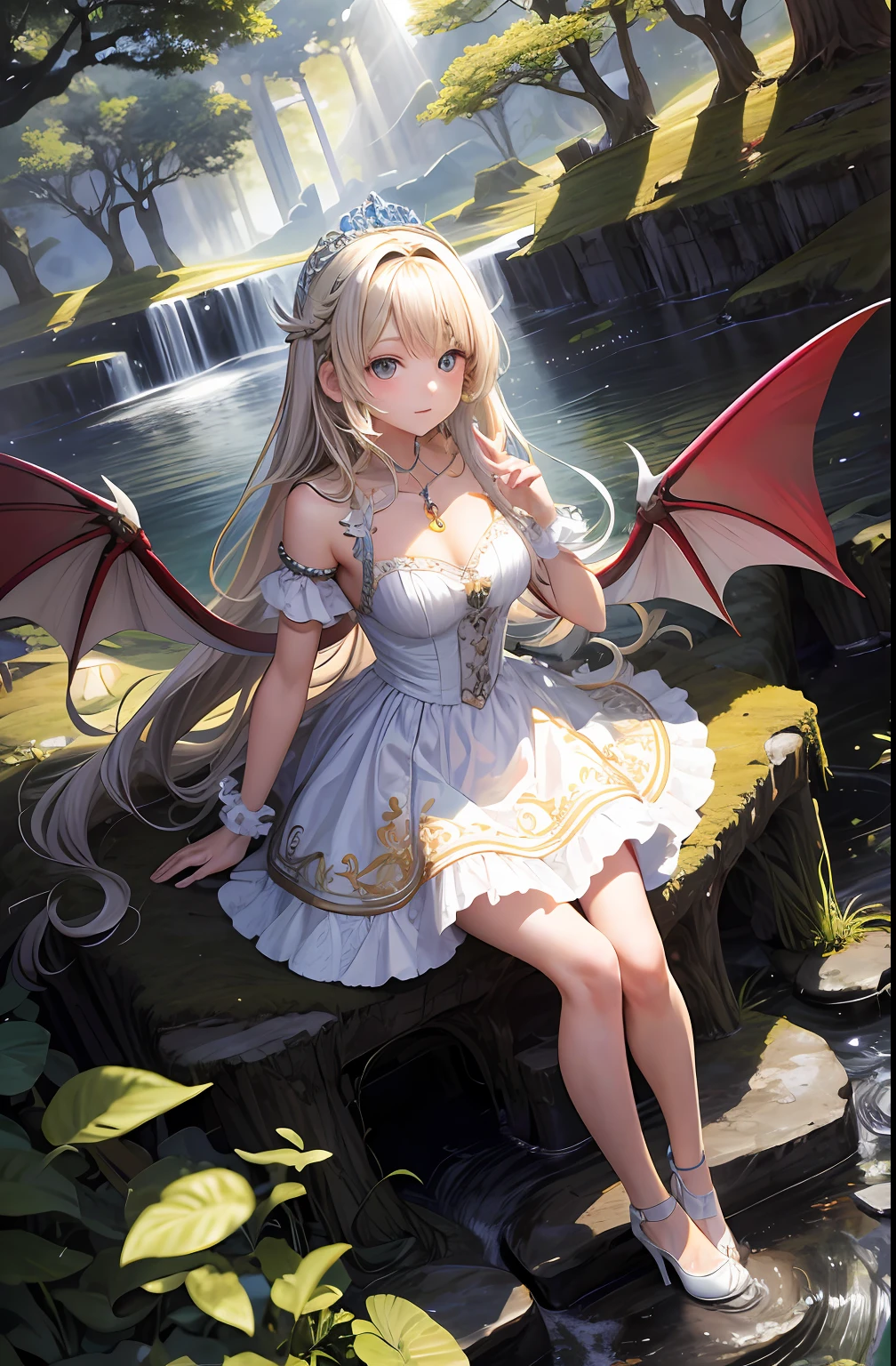 Anime girl sitting on a rock with a dragon and a bird - SeaArt AI