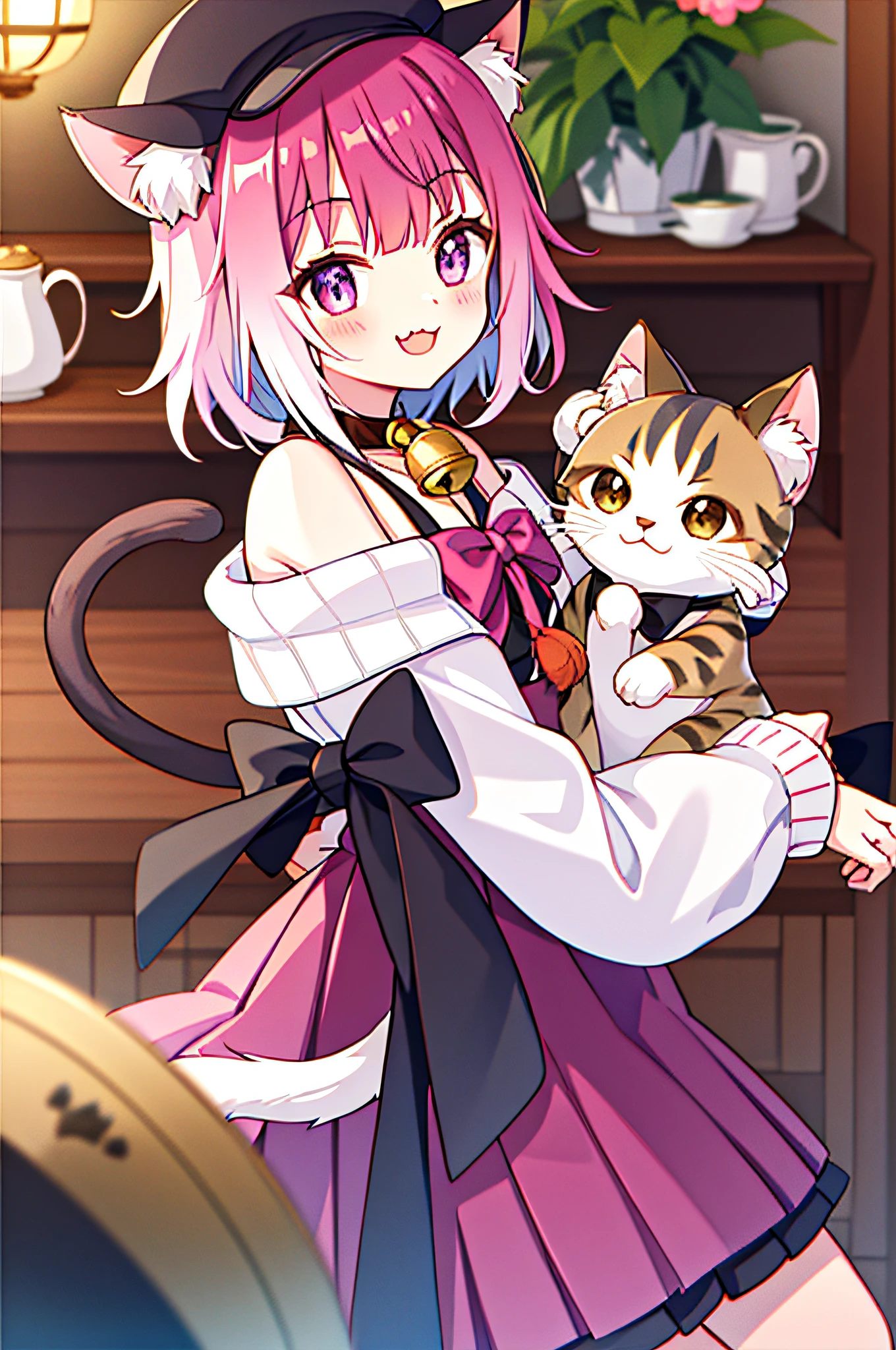 1girl, :3, animal, animal_ears, animal_on_lap, animal_on_shoulder, bell, book, bow, brown_headwear, cafe, calico, cat, cat_ears, cat_girl, cat_hat, cat_on_head, cat_teaser, chair, chen, chomusuke, clothed_animal, collar, cup, dog, fang, flower, flower_pot, glint, hat, indoors, jingle_bell, kaenbyou_rin, leaning_forward, lens_flare, looking_at_viewer, maneki-neko, miqo'te, mouse, mug, multiple_tails, neck_bell, nekomata, off_shoulder, open_mouth, pink_flower, pink_hair, plant, potted_plant, purple_eyes, purple_flower, ribbed_sweater, saucer, smile, sparkle, stuffed_cat, sweater, table, tail, tail_bow, tail_ornament, tail_raised, tea, teacup, teapot, two_tails, vase, whiskers, white_cat, white_sweater