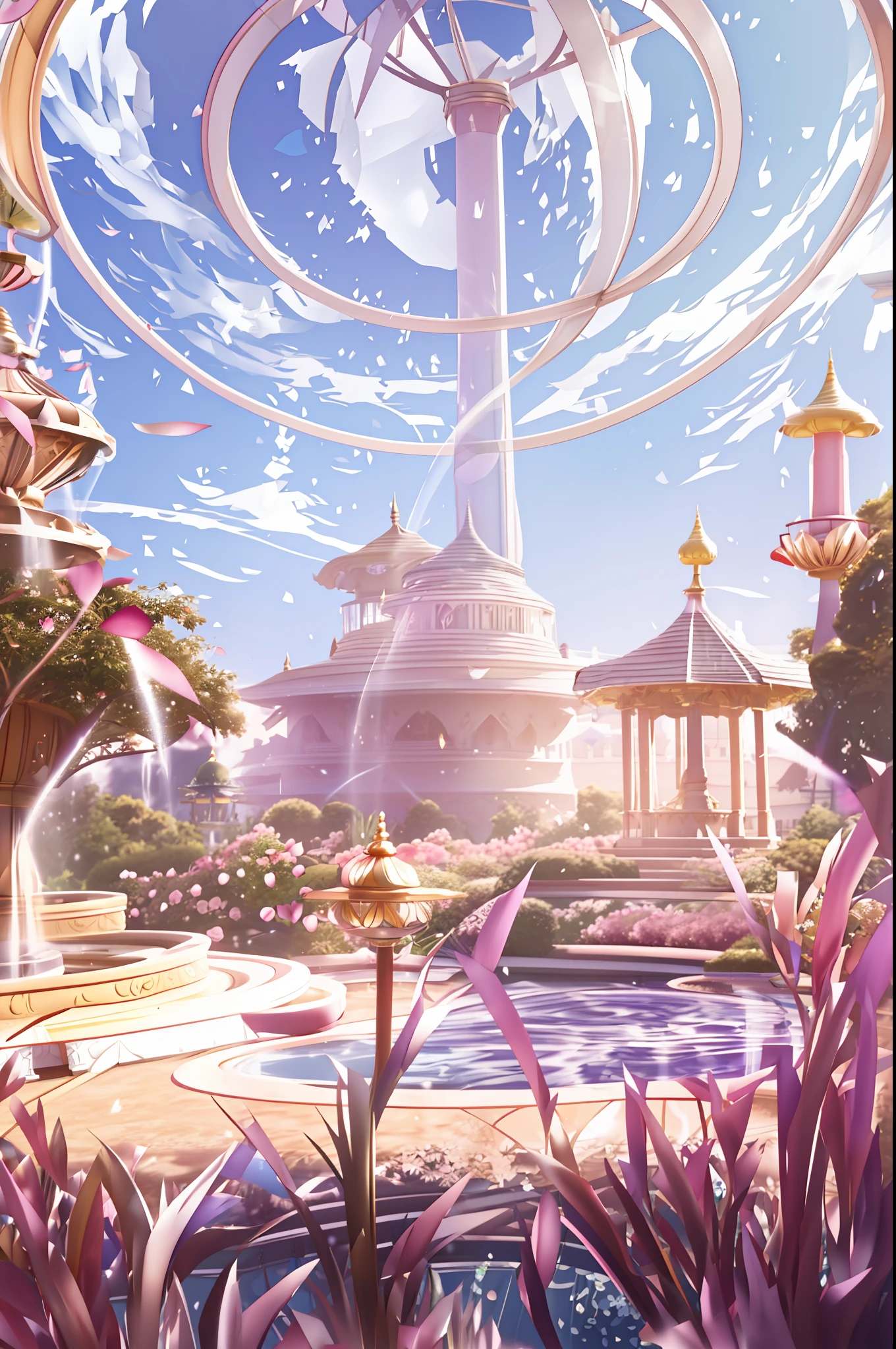 There is a large garden with a gazebo and fountain, beautiful render of a fairytale, palace background, fairy tale style background, illusory engine ; romantic motifs, anime beautiful peace scene, stunning arcanum backdrop, beautiful anime scenes, stuning fantasy 3 d render, palace floating in heaven, Anime background art, dreamy and detailed, beautiful anime scenery