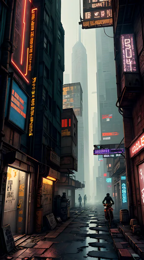 an aged, narrow alleyway in a futuristic city, framed by towering skyscrapers adorned with holographic advertisements; the alley...