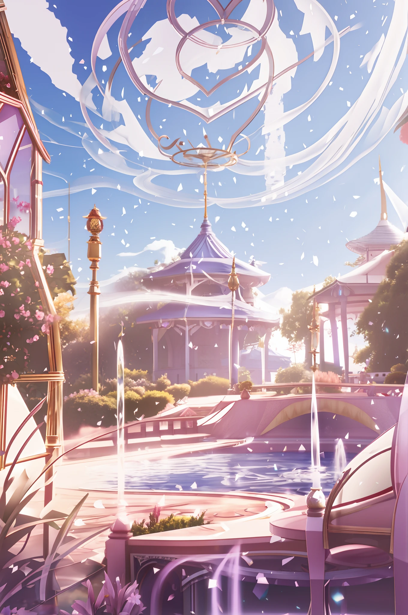 There is a large garden with a gazebo and fountain, beautiful render of a fairytale, palace background, fairy tale style background, illusory engine ; romantic motifs, anime beautiful peace scene, stunning arcanum backdrop, beautiful anime scenes, stuning fantasy 3 d render, palace floating in heaven, Anime background art, dreamy and detailed, beautiful anime scenery，k hd，A detailed，Full of love