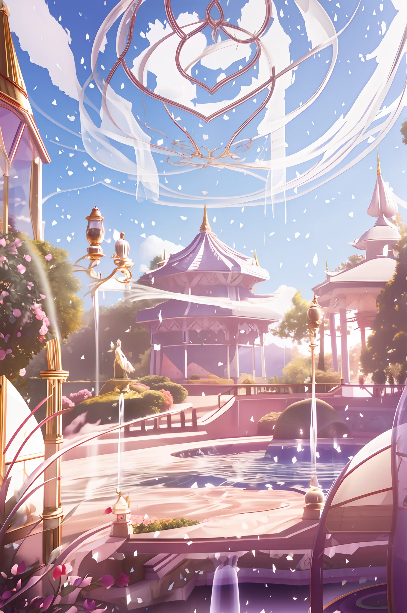 There is a large garden with a gazebo and fountain, beautiful render of a fairytale, palace background, fairy tale style background, illusory engine ; romantic motifs, anime beautiful peace scene, stunning arcanum backdrop, beautiful anime scenes, stuning fantasy 3 d render, palace floating in heaven, Anime background art, dreamy and detailed, beautiful anime scenery，k hd，A detailed，Full of love