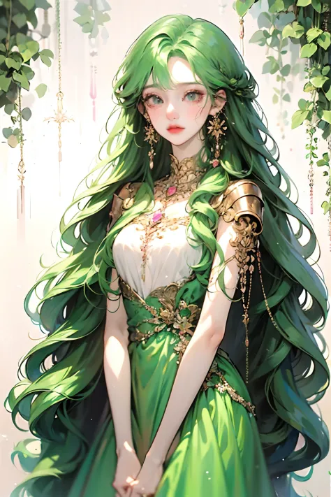 Anime girl posing for photo with long green hair and earrings, an anime drawing inspired by Yanjun Cheng, Pisif, Fantasy art, green flowing hair, Long curly green hair, Guviz, a beautiful anime portrait, Guviz-style artwork, in the art style of bowater, An...