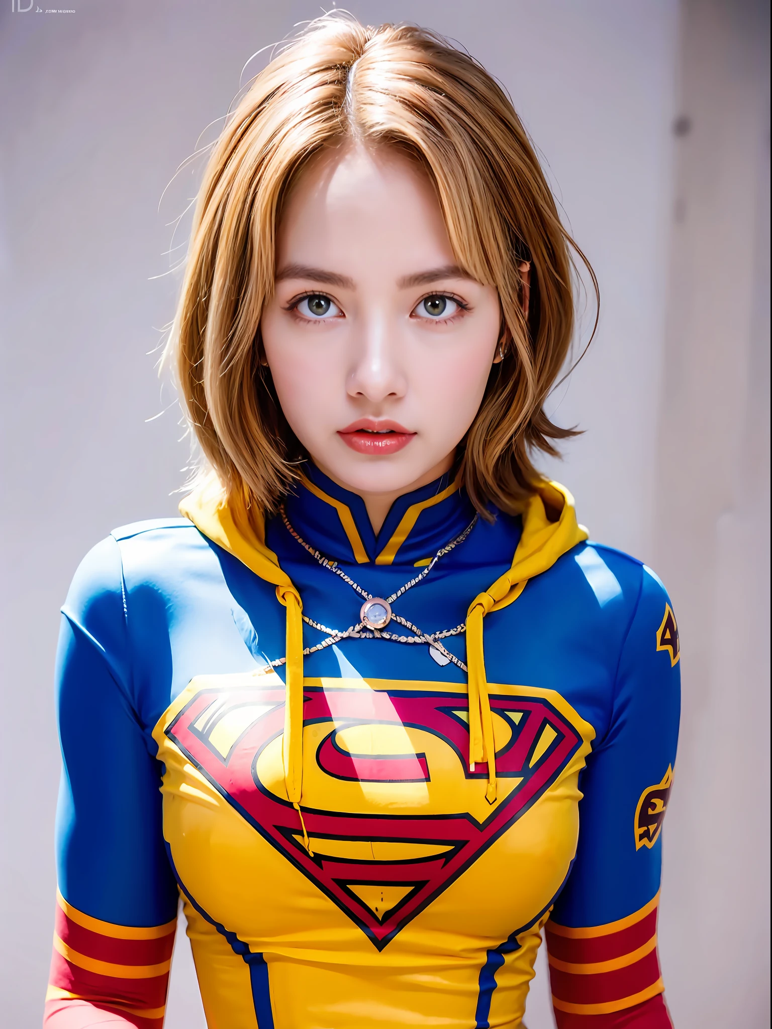 Lisa ball head, lisa face shape, cute, waring supergirl suit,hoodie, flowers, funny, ID photo, white shirt, sexy, waistless, bust photo, masterpiece, superlative, realistic, HD, photography lighting, 16k