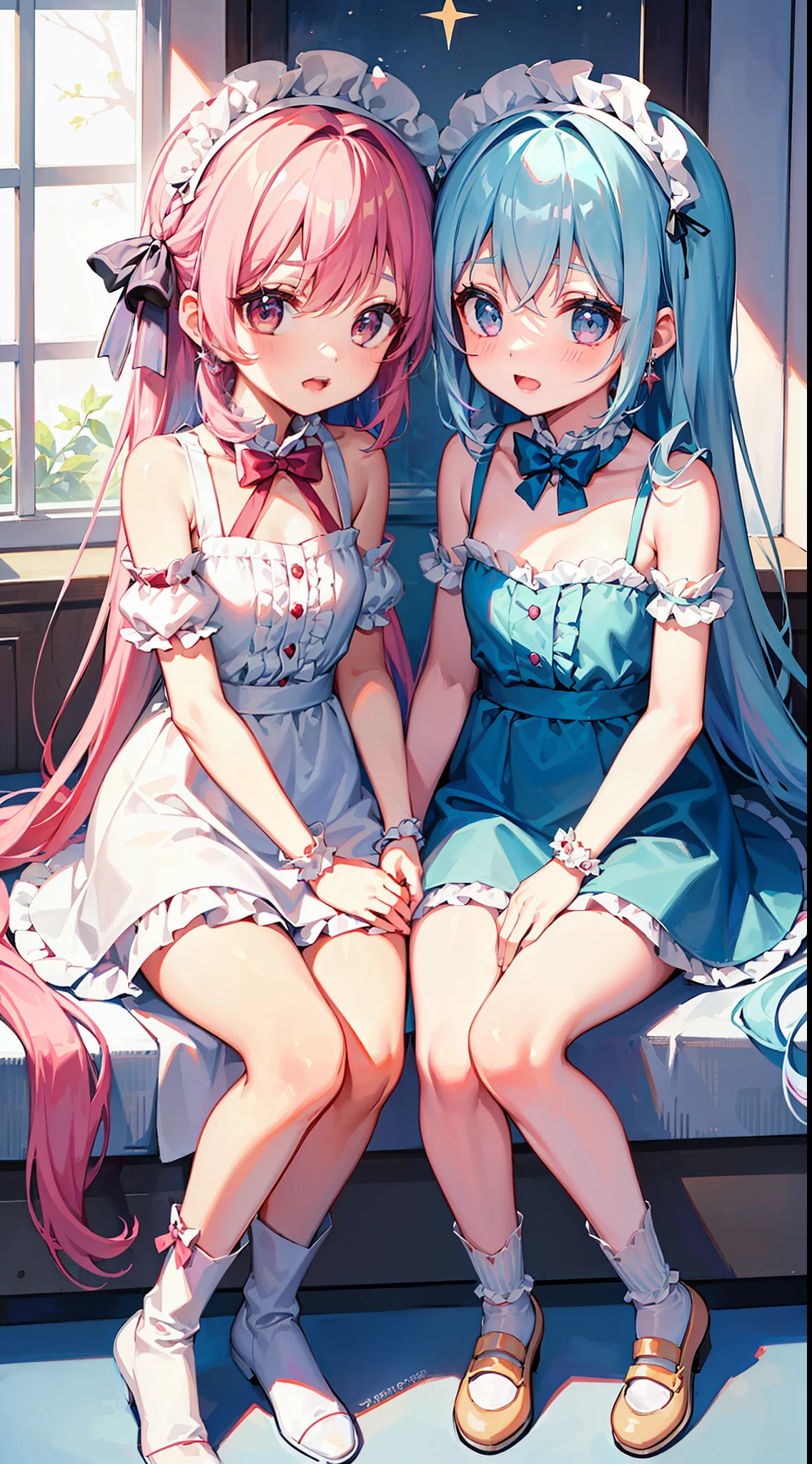 （二人の少女 sitting together），（ピンクの髪が可愛い），（もう一人のかわいい青い髪の女の子），（宝石で飾られた白いドレス），ウェーブヘア，長い白い髪，（花の頭飾り），ハート型のイヤリング，（宝石のように輝く瞳），ナイーブ，（部屋の中），短い- sleeved，（若い），（白くて柔らかい肌），（細身の体型），（白いストッキング），とてもかわいい cute cute cute cute cute cute cute cute cute cut，疲れた，愛らしい ，愛らしい,未熟 ，とてもかわいい cute cute cute cute，ビットガール，（小さい），CG，（短い），（ツンデレ），とてもかわいい，とてもかわいい cute cute cute cute，疲れた，ビットガール，ビットガール，ビットガール，ビットガール，（二人の少女），（二人の少女），（二人の男），（二人の男），（ダブル），（双子近親相姦）