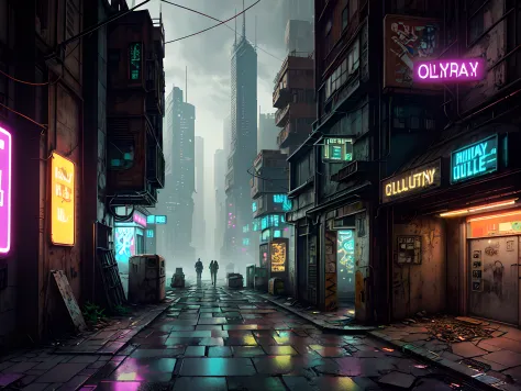 an aged, narrow alleyway in a futuristic city, framed by towering skyscrapers adorned with holographic advertisements; the alley...