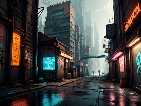 an aged, narrow alleyway in a futuristic city, framed by towering skyscrapers adorned with holographic advertisements; the alley...