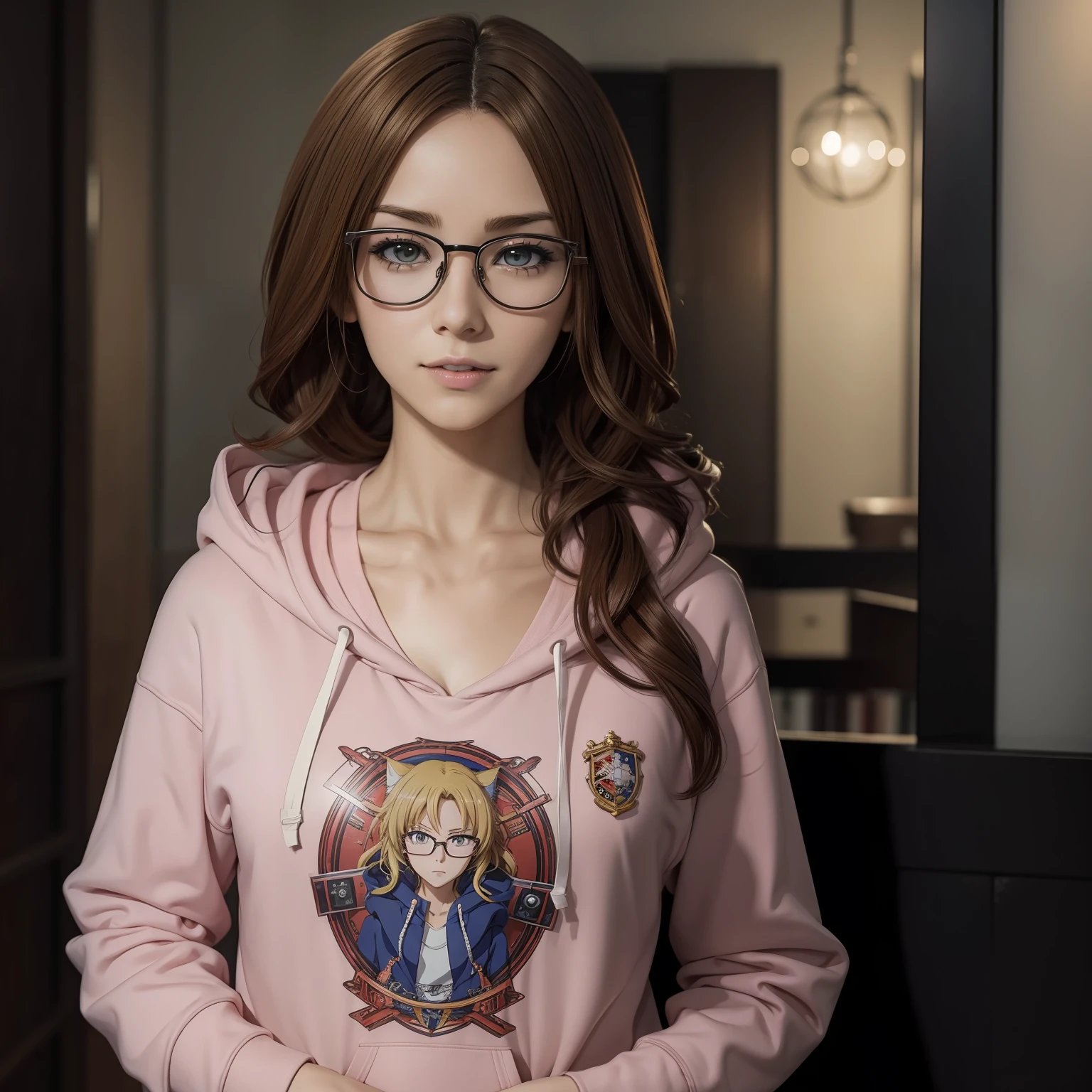 A closeup of an european woman with glasses and a hoodie, Anime Sen no estilo Kiseki, Marin Kitagawa Fanart, em estilo anime, em estilo anime, foto de perfil 1024px, Estilo anime 2D, fanart  urbana, nanogirlv 2, Garota de anime cyberpunk com capuz, Retrato estilo anime, portrait of a female anime hero, personagem estilo anime, rindo