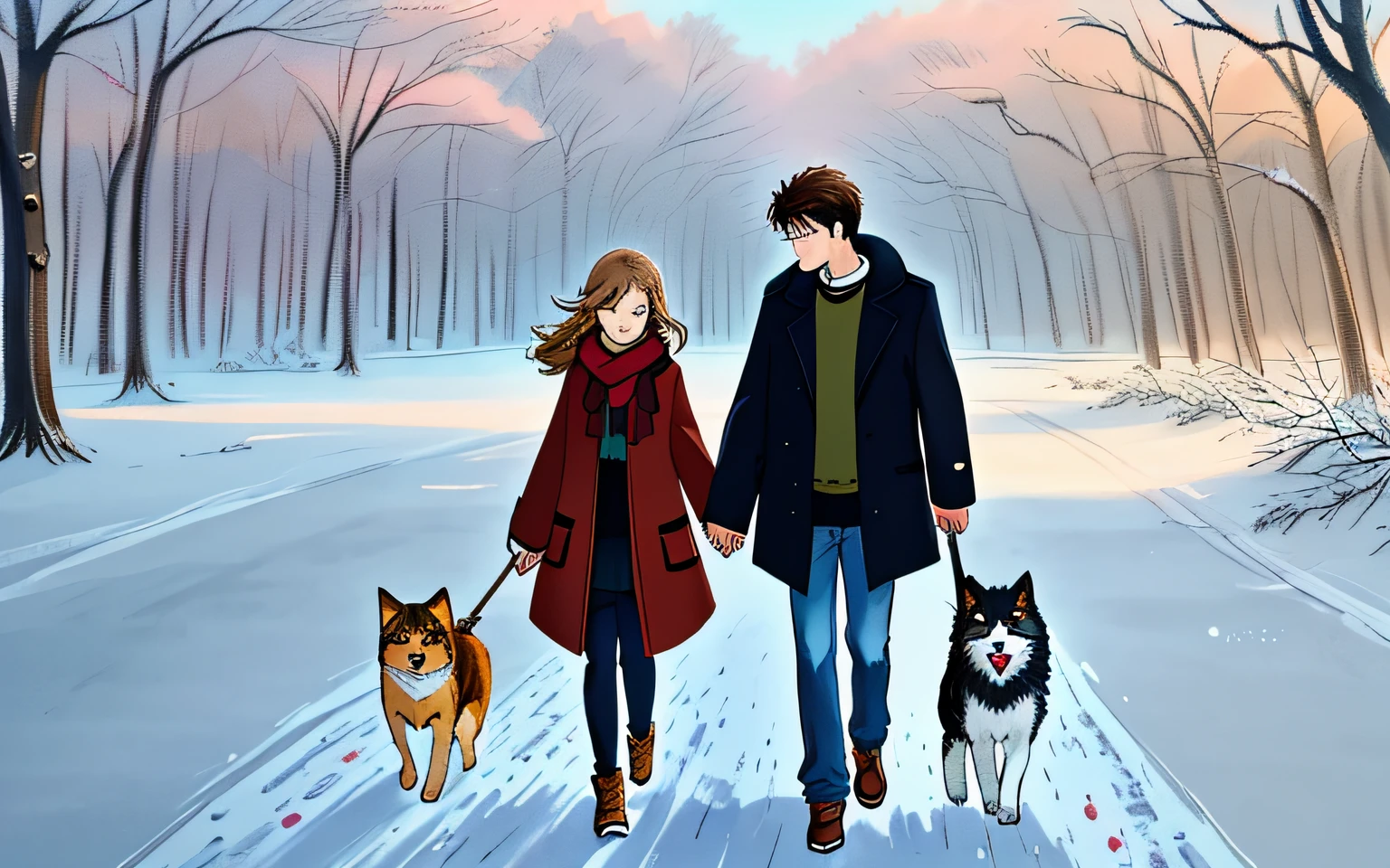 Anime couple walking their dogs in the snow in a winter scene - SeaArt AI