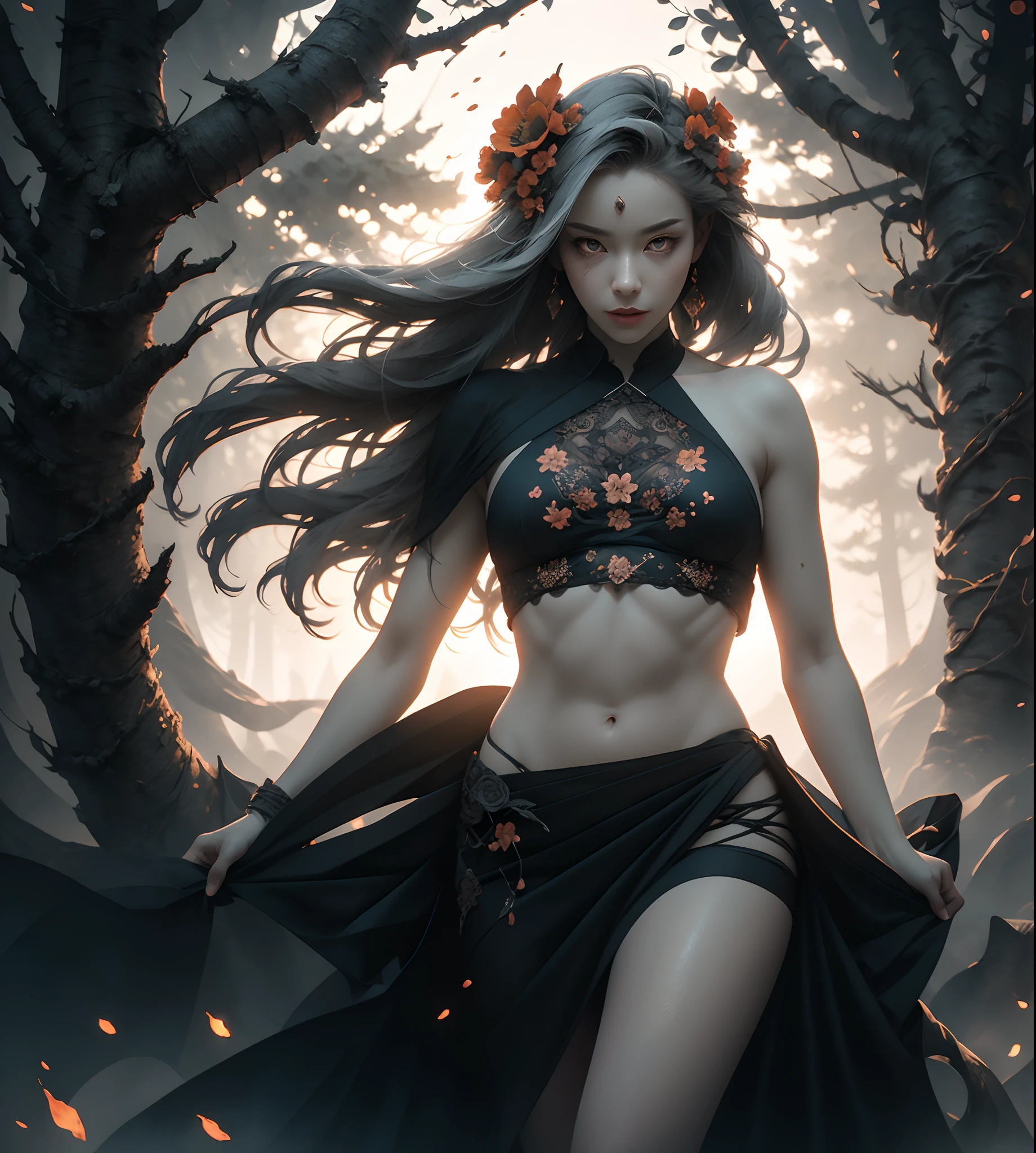 (NSFW). (Gray gloomy background, Dark Forest. Gloomy and hopeless, Dark dramatic lighting, vignette), Realistic eyes, beatiful face, 1A girl with a perfect body,  perfect abs, Excited gaze, White socks on the feet, long straight hair, Flowers, entwined with branches, ((perfect anatomy)), Upper torso, glowing eyes, T-shirt design, A surge of dark magic, gotik, Burnt orange gradient, Magic, Nature, Magic Splash, 3D vector graphics, Fantasy art, watercolor effect, bokeh, Adobe Illustrator, hand-drawn, Digital Painting, soft-lighting, isometric style, retro aesthetics, 4k resolution, с Cinema 4D, natural lighting, Cinematic, Masterpiece, Highly detailed, Intricate, Extreme textures, Horror, terrific, Creepy, Scarimok a sense of sophistication and tranquility. Accentuate the low-poly style, The overall aesthetic should be sleek and stylish, which makes it suitable for branding and logo.