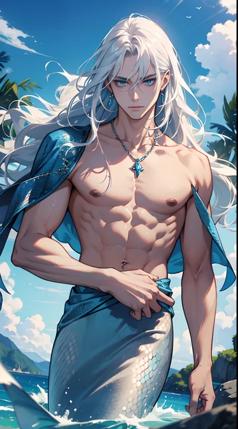 masterpiece, best quality, realistic, a MALE MERMAID, 1man, male focus, tall muscular, long wavy white hair, flying bangs, blue ...