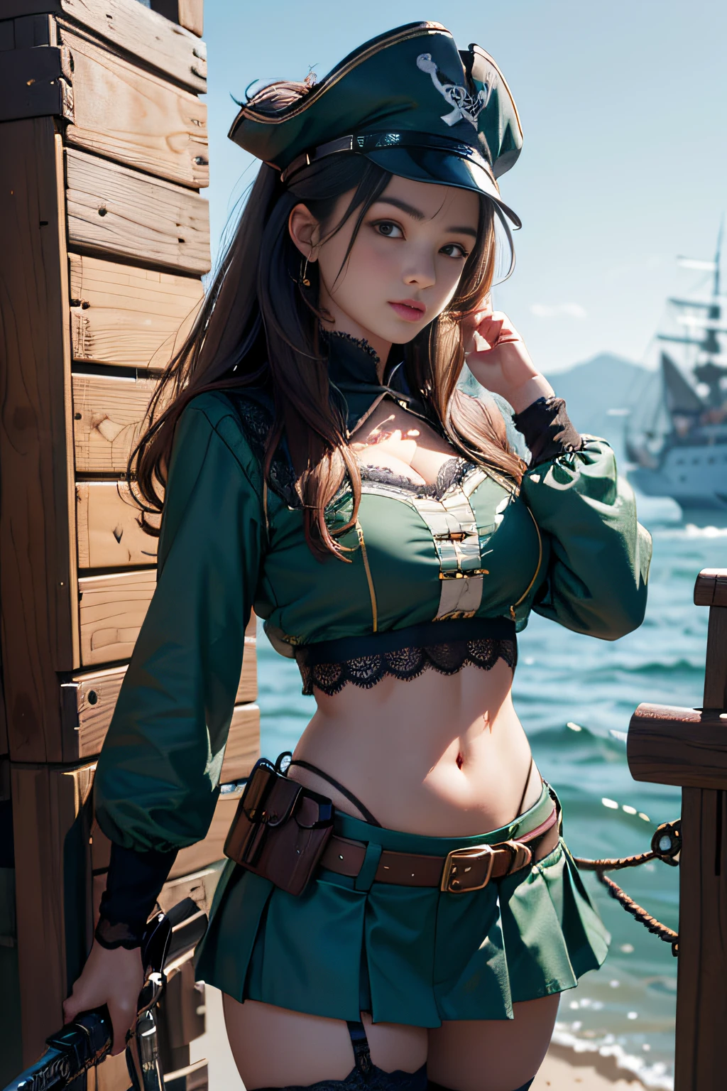 offcial art, 8K, ultra - detailed, aestheticly pleasing, tmasterpiece, top-quality, ,dynamic ungle, Cowboy shot, vivd colour, (Half: 1.2), (Dreams: 1.5), (Han Feng: 1.5),reallistic,A picture,,High school girl on a pirate ship,Dark green underwear,High school girl dressed as a pirate,Open navel,Lace skirt，The sword,Gun,captain,Skull marker cap,