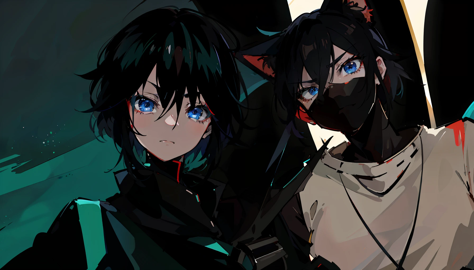 anime characters with black hair and blue eyes and a cat, 2 d anime style, vrchat, trigger anime artstyle, badass anime 8 k, epic anime style, by Shingei, anime style. 8k, 2 d anime, stylized anime, anime style 4 k, anime moe artstyle, very modern anime style, medium shot of two characters