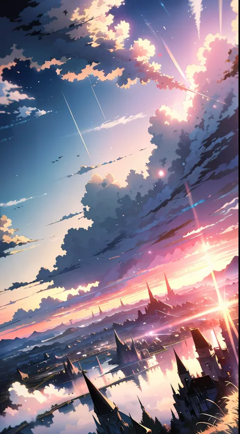 ridiculous resolution, high resolution, (masterpiece:1.4), super detailed, expansive landscape photograph, (A view from bottom), fields, (no building or architecture), (just sky), Twillight skies, clouds, flare, floating, anime background, --v 6