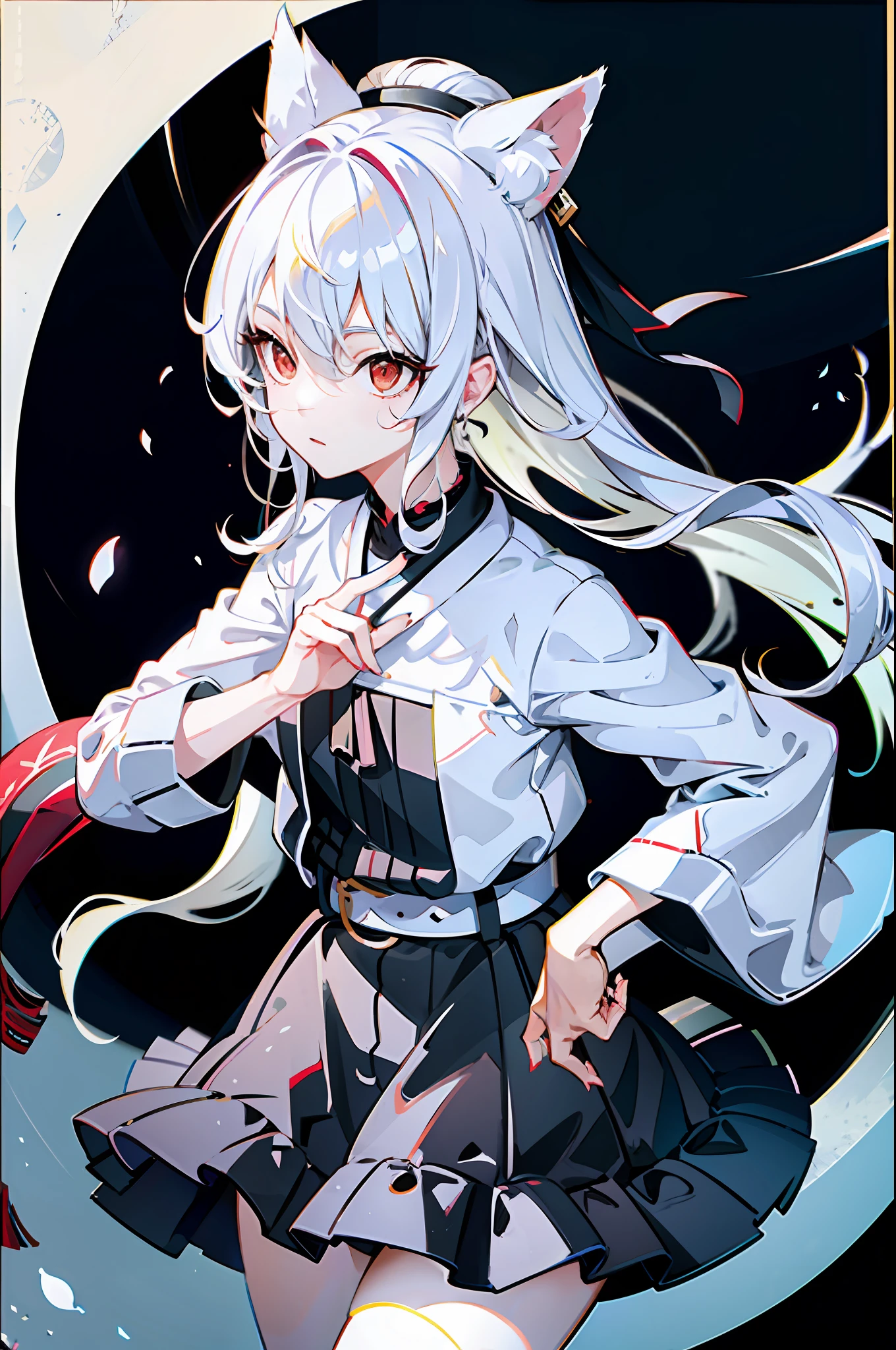 one-girl，White hair，White fox ears，Cute red eyes，Hold a Tang knife in your hand，Black Hanfu，short  skirt