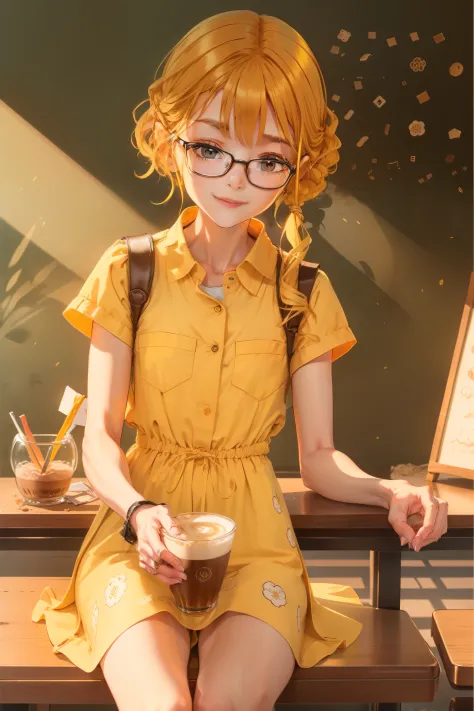 Draw a little sister，Wearing glasses，A yellow-haired，Drink coffee in a dessert shop