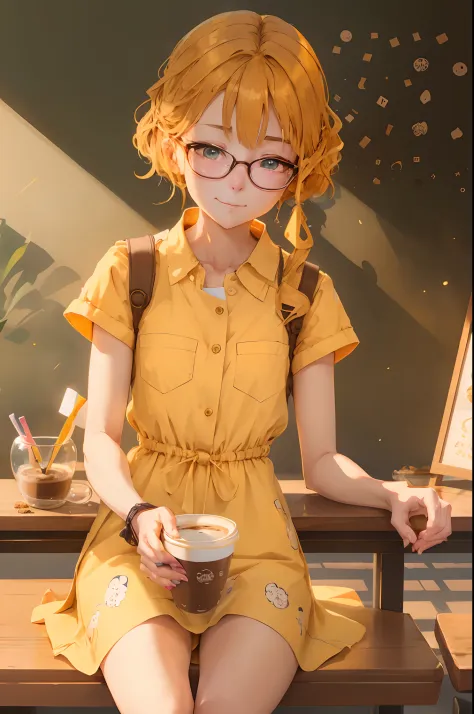 anime girl wearing glasses sitting on bench drinking a cup of coffee, kawaii realistic portrait, guviz-style artwork, mysterious...