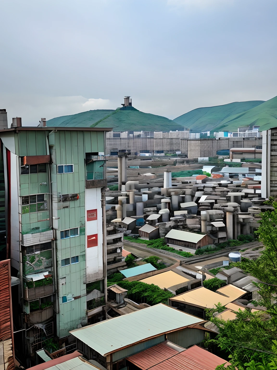 There is a picture of a large building on the hillside, mountain valley to factory, factories and nature, lots of building, poor buildings, mills, huge factories, view from slightly above, photograph taken in 2 0 2 0, empty building with vegetation, the photo was taken from afar, zoom out view, industrial surrounding,game scenes，Detail enhancement，tmasterpiece