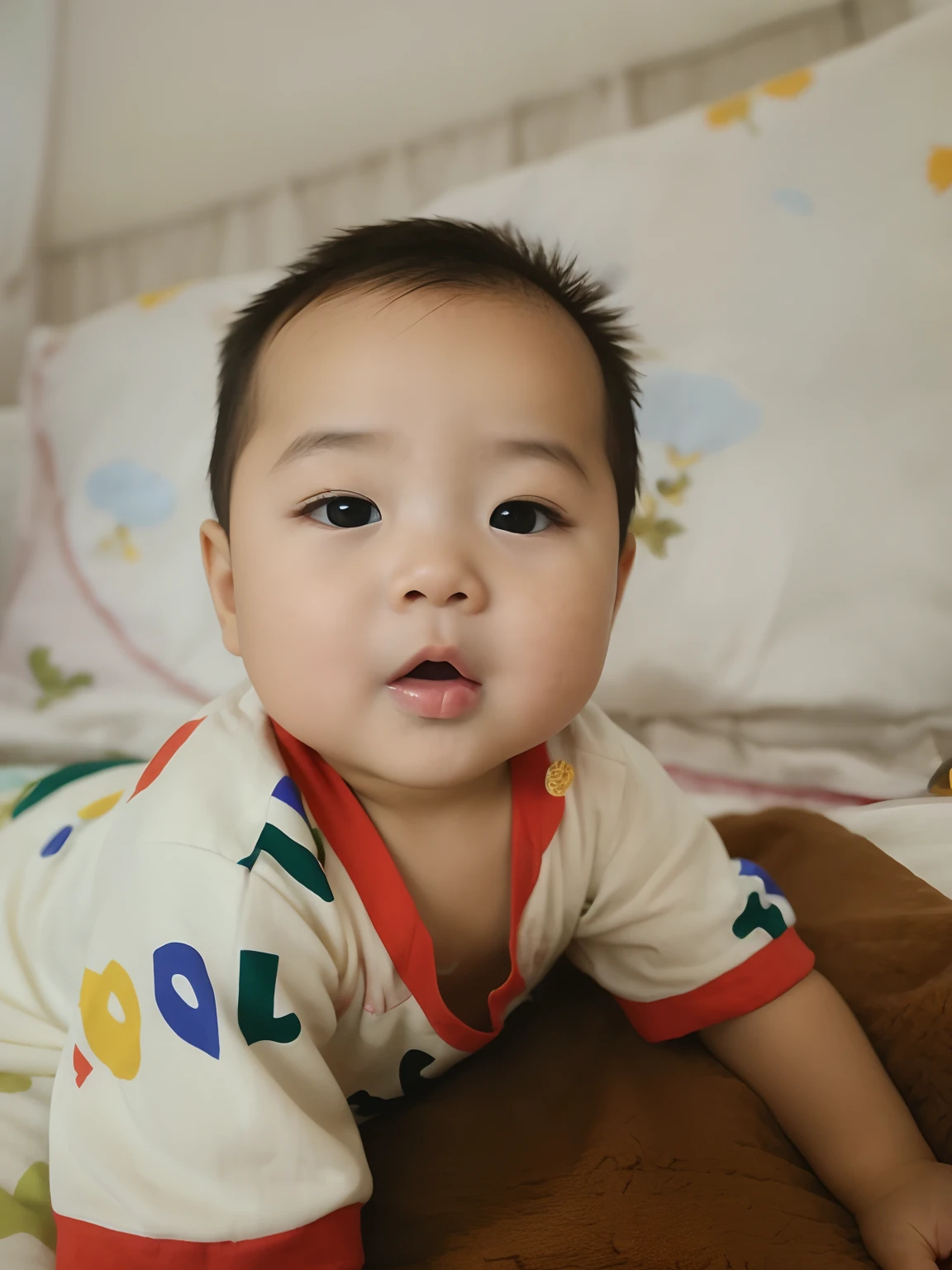 There was a baby lying on the bed, Cute boy, with cute doting eyes, Young cute baby，Short hair，Look at the camera with your mouth open, bao pham, looking at the camera in!!!