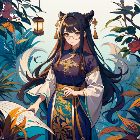 ancient vietnamese costumevietnamese, she wear glasses and dress, character painting, artwork in the style of guweiz, uniform 8k...