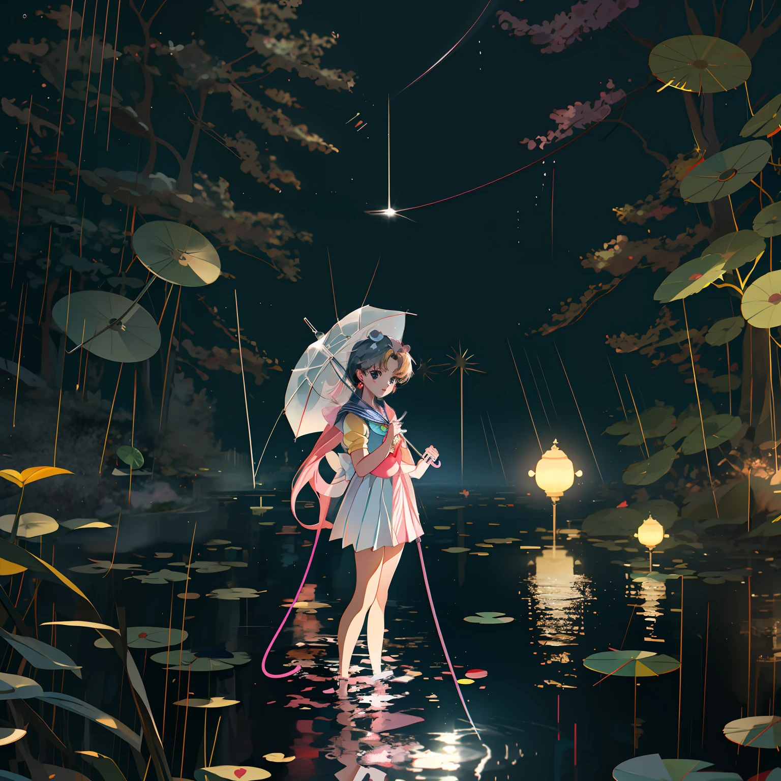 anime characters of a girl and in a sailor suit, standing in the rain with umbrella, splash art anime loli, sailor moon style, inspired by Sailor Moon, realistic anime 3 d style, cute digital art, anime styled 3d, 8k, cute artwork, anime style illustration, kawaii rainy gloomy, 4k, masterpiece, original art, beautiful lighting, light streams, caustics,lilypads, zeiss, sigma, photography, canon 5d