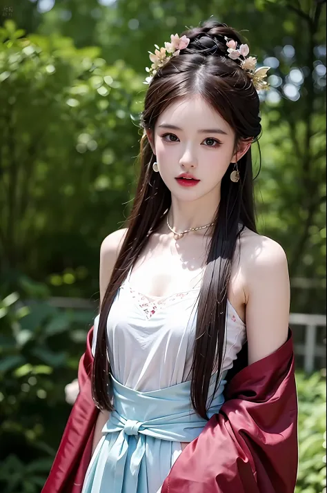 1 Realistic beautiful girl, Waist length hair, Black eyes, Ancient Audai, Style Hanfu, Wearing an ancient Chinese silk shirt, Pink and smooth white skin, Dressed in a low-key antique Audai, appears shoulders and head in the photo, Plump red lips, Pout, Mou...