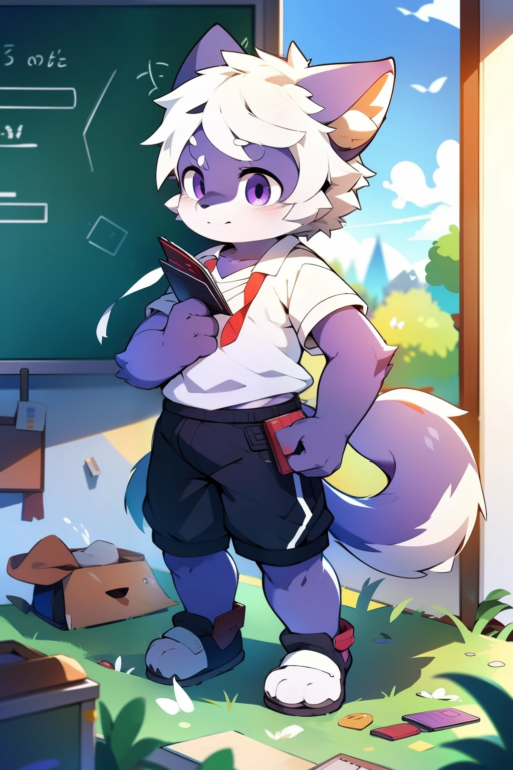 solo person，shaggy male，hairy bodies，shoun，coyote，canid，Gray fur，long  white hair，The ends of the hair are purple，Purple eye，Bullied，adolable，Handsome，large tail，full bodyesbian，school ground，at class room，is a male math teacher，Write blackboard words，white  shirt，tiese，eye glass ，standing on your feet