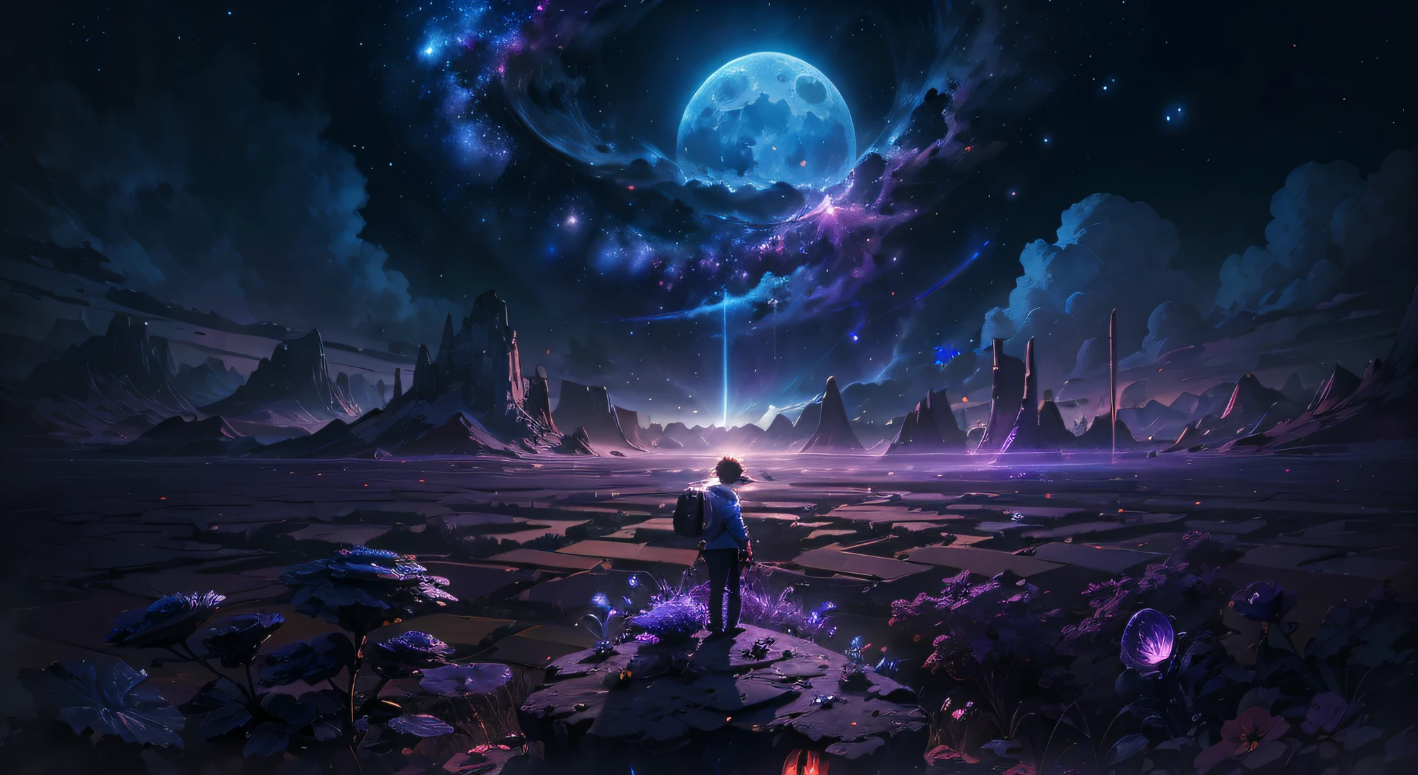 expansive landscape photograph , (a view from below that shows sky above and open field below), a boy standing on flower field looking up, (full moon:1.2), ( shooting stars:0.9), (nebula:1.3), distant mountain, tree BREAK
production art, (warm light source:1.2), (Firefly:1.2), lamp, lot of purple and orange, intricate details, volumetric lighting, realism BREAK
(masterpiece:1.2), (best quality), 4k, ultra-detailed, (dynamic composition:1.4), highly detailed, colorful details,( iridescent colors:1.2), (glowing lighting, atmospheric lighting), dreamy, magical, (solo:1.2), super detail, best finishing