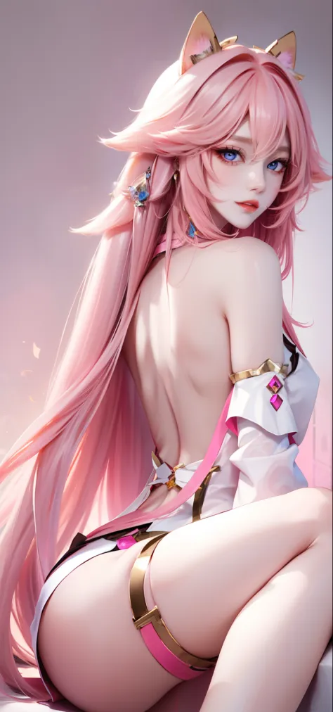 （White skin, Beautiful long legs）（The eyes are blue and golden）（cat ear）（Bare back）（Pink Long Hair）
