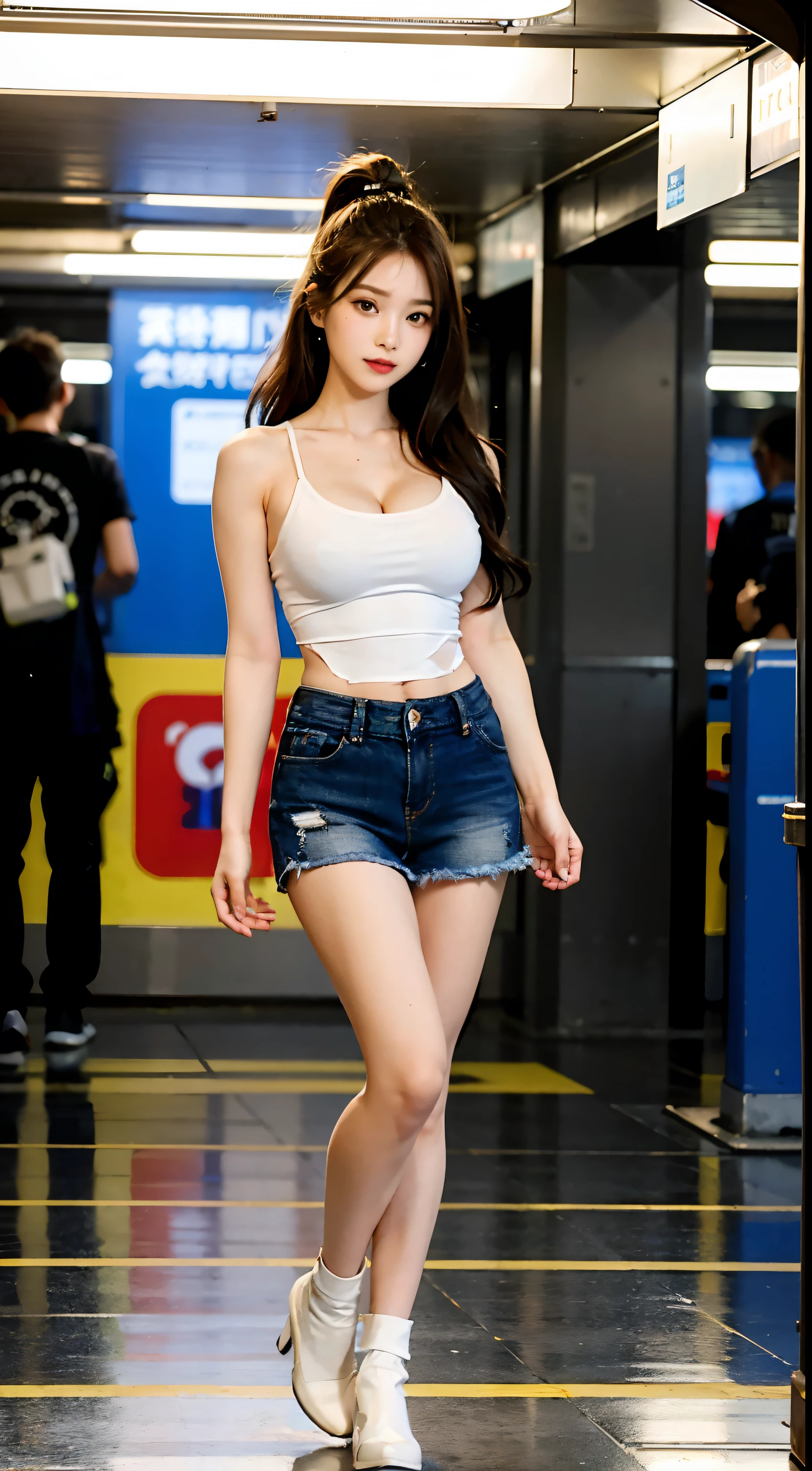 20-year-old cool Korean, big round breasts, cleavage, cropped tank top,  skirt - SeaArt AI