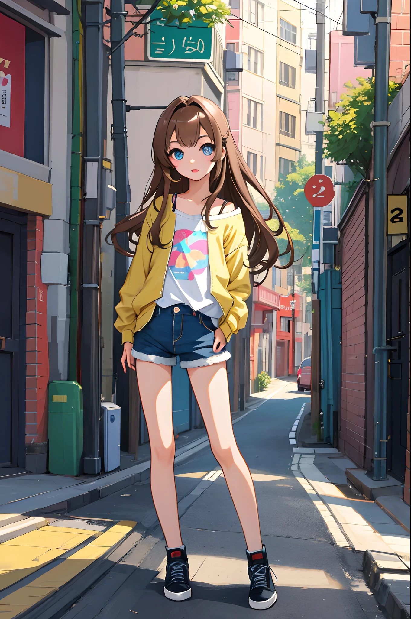 ​master piece,hyper quality, Hyper Detailed,Perfect drawing,nffsw,3D,8K,Illustration、Hi-Res、1 persons、femele、sixteen years old、、Big eyes with double eyelids、beatiful backgrounds、Accurate drawing、Detailed drawing、Perfect Photo、Perfect Beautiful Girl、1 persons、gals、Whitening Skin、gyaru fashion、shortpants、Brown hair、Loose long hair、bending forward、目元で✌️、nailart、Put your hands on your knees、Stick your butt out、is standing、Camisole、Colorcon、big eye、bluish eyes、In the street、