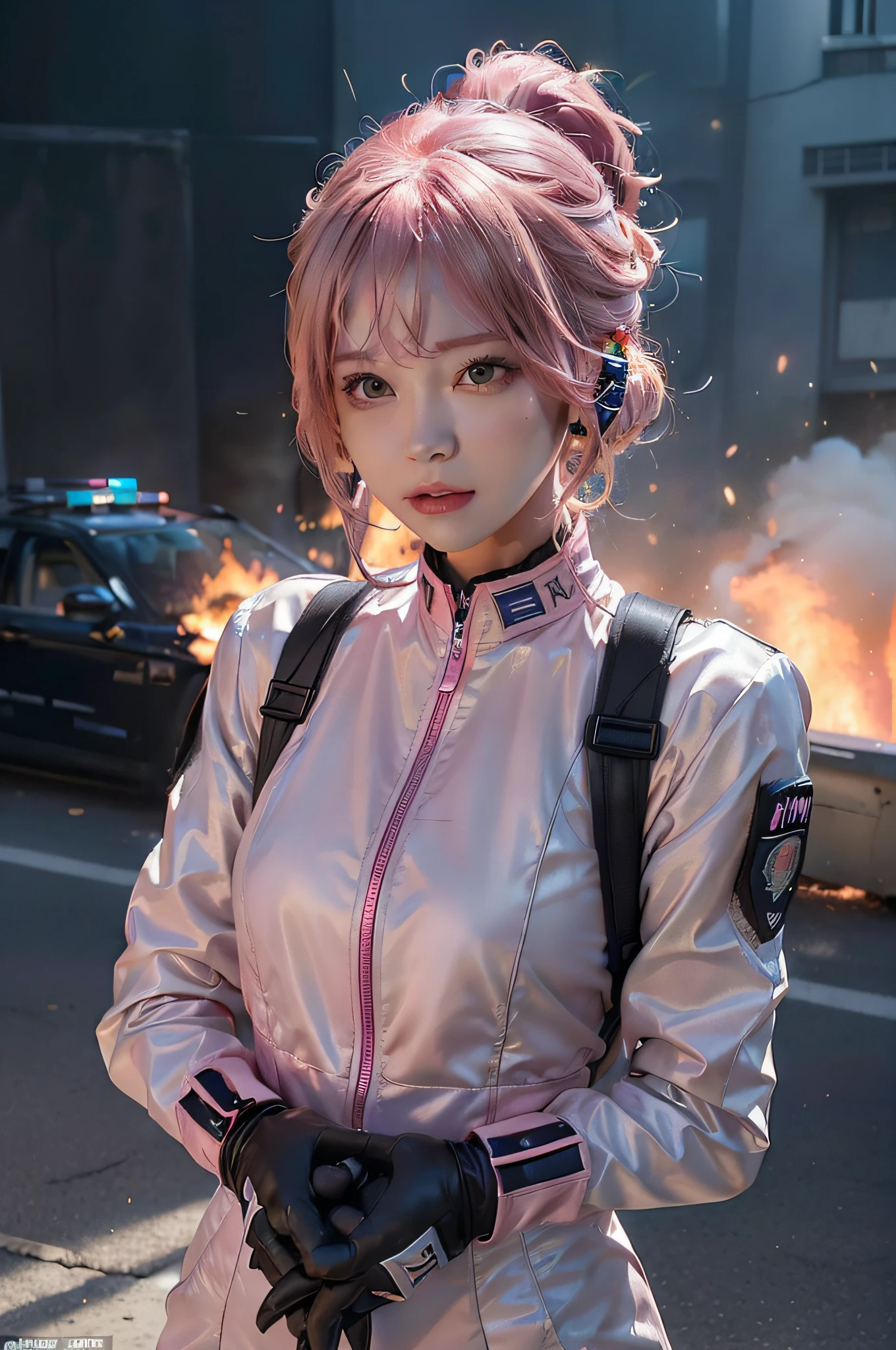 Top Quality, Ultra High Definition, (backlight), (Photorealistic: 1.4), (Pink updo Hair: 1.3), 1 Girl, (Kpop Idol), Detailed Face, Contrapposto, Smooth Skin, Perfect Anatomy, Cityscape, Professional Lighting, ((wearing Futuristic Racing Suits like Police uniform, police wappen, High-tech Headset, military harness, racing gloves, machinegun)), ("POLICE", pink hair,), (background, (Audience Coming close), daylight, crashed cars, fire, (Explosion),