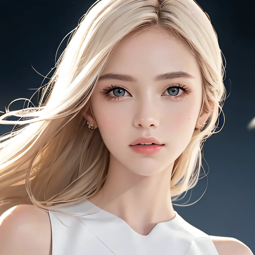 (8K, RAW Photos, of the highest quality, Masterpieces: 1.2), (Realistic, Photorealistic: 1.37), Highest Quality, Ultra High Resolution, light  leaks, Dynamic lighting, Slim and smooth skin, (Full body:1.3), (Soft Saturation: 1.6), (Fair skin: 1.2), (Glossy skin: 1.1), Oiled skin, 22 years old, Night, shiny white blonde, Well-formed, Hair fluttering in the wind, Close-up shot of face only, Physically Based Rendering, From multiple angles, Louis Vuitton dresses