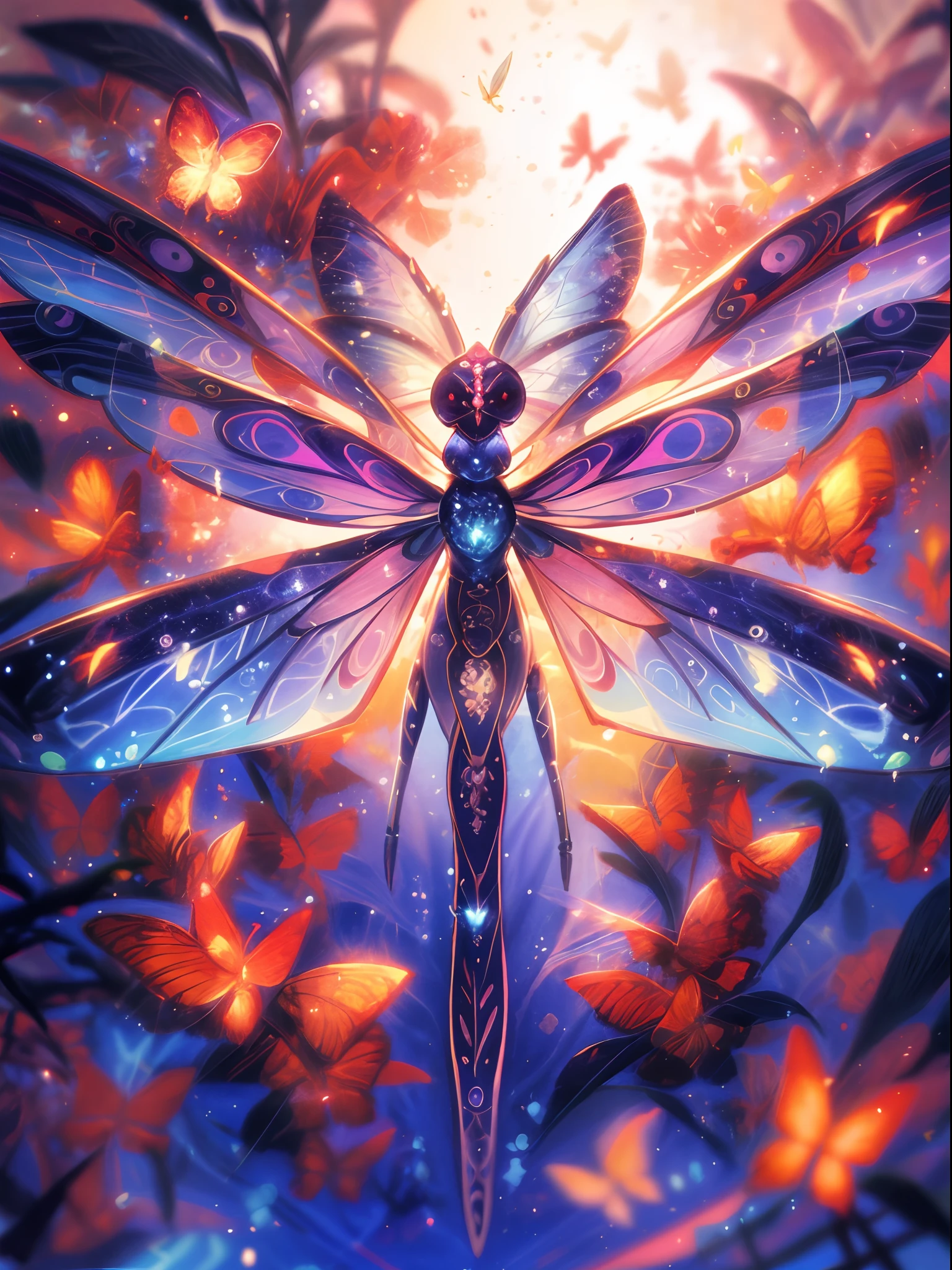there is a 蜻蜓 with a lot of butterflies on it, 發光，非常詳細, 美麗的數位藝術作品, 彩虹色的翅膀, 🌺 CG社會, 詳細的同人畫, ✨🕌🌙, 神秘的昆蟲, 精美的數位插畫, that looks like a 蜻蜓, 美麗的數位插圖, 空靈的翅膀, 只是個玩笑, 官方藝術品, 星界仙子, 蜻蜓