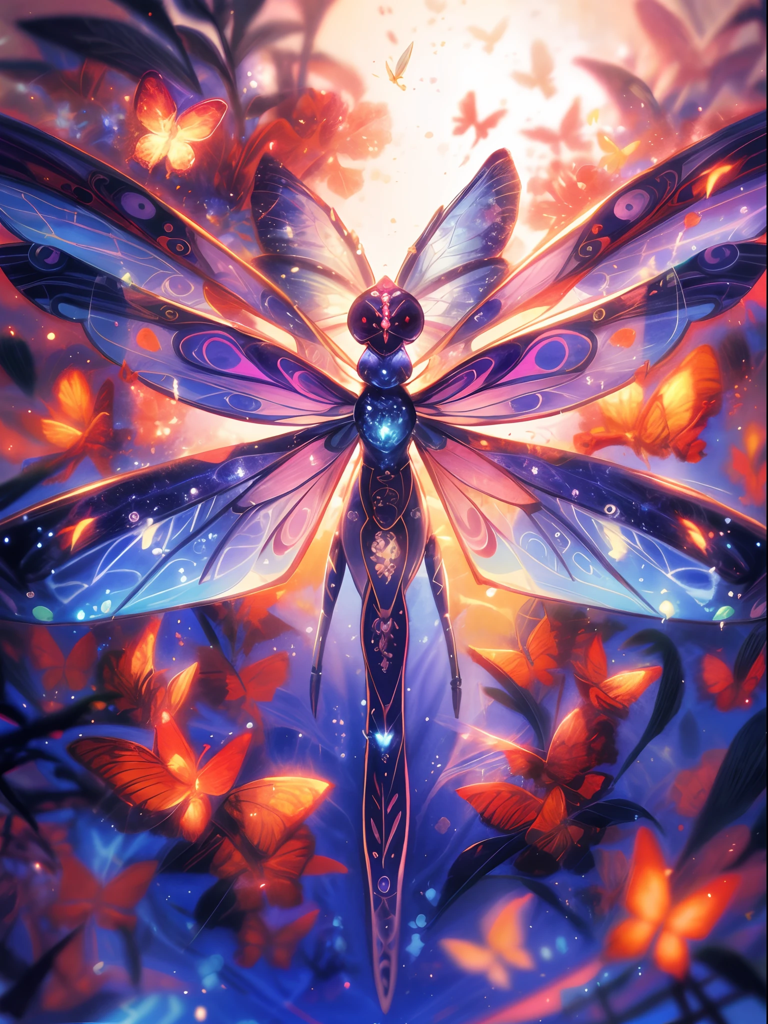 there is a libellule with a lot of butterflies on it, luminescence，très détaillé, belle œuvre d&#39;art numérique, ailes irisées, 🌺 société cg, fanart détaillé, ✨🕌🌙, insectes mystiques, illustration numérique exquise, that looks like a libellule, belle illustration numérique, ailes éthérées, juste une blague, Oeuvre officielle, fée astrale, libellule