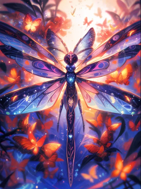 there is a dragonfly with a lot of butterflies on it, luminescence，highly detailed, beautiful digital artwork, iridescent wings,...