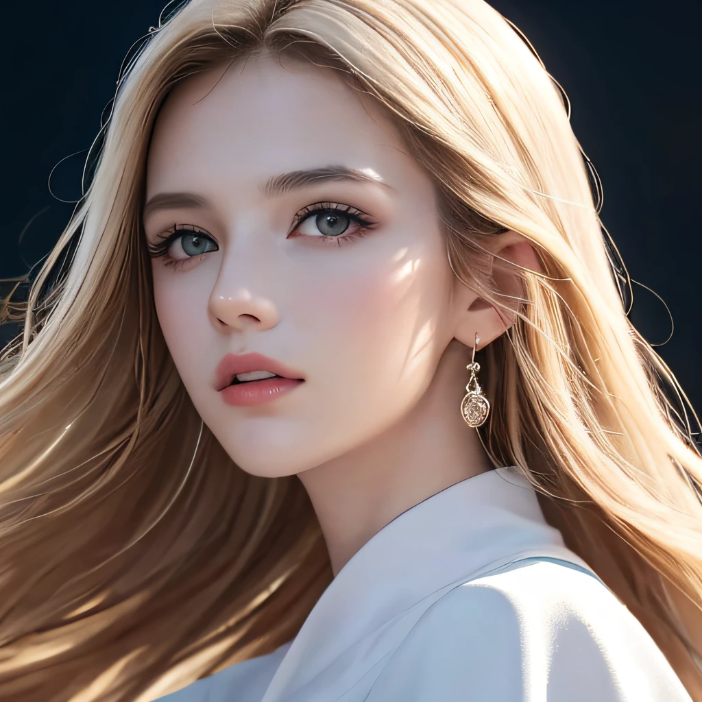 (8K, RAW Photos, of the highest quality, Masterpieces: 1.2), (Realistic, Photorealistic: 1.37), Highest Quality, Ultra High Resolution, light  leaks, Dynamic lighting, Slim and smooth skin, (Full body:1.3), (Soft Saturation: 1.6), (Fair skin: 1.2), (Glossy skin: 1.1), Oiled skin, 22 years old, Night, shiny white blonde, Well-formed, Hair fluttering in the wind, Close-up shot of face only, Physically Based Rendering, From multiple angles, sacred place, robe blanche