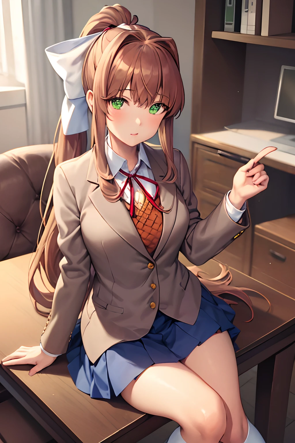 masterpiece, best quality, monika, green eyes, brown hair, very long hair, ponytail, hair ribbon, white ribbon, , blazer, brown sweater, collared shirt, neck ribbon, blue skirt, long socks, white shoes, from side, computer, desk, chair, looking at viewer,