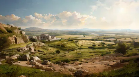 super wide shot，Used for horizontal observation of the ancient Israeli countryside, Distant Israeli megacities, Rochas, Morning,...